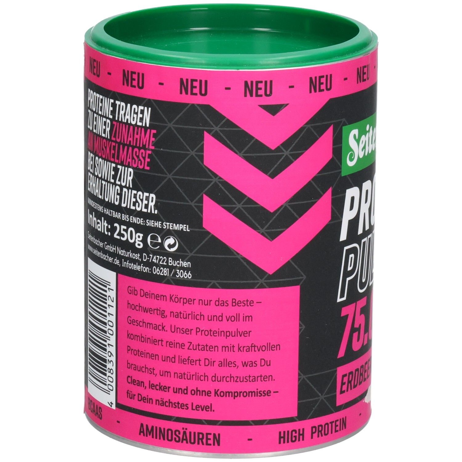 Boîte cylindrique avec couvercle vert. Dos avec texte et informations nutritionnelles. Contenu: 250g. Informations fabricant.