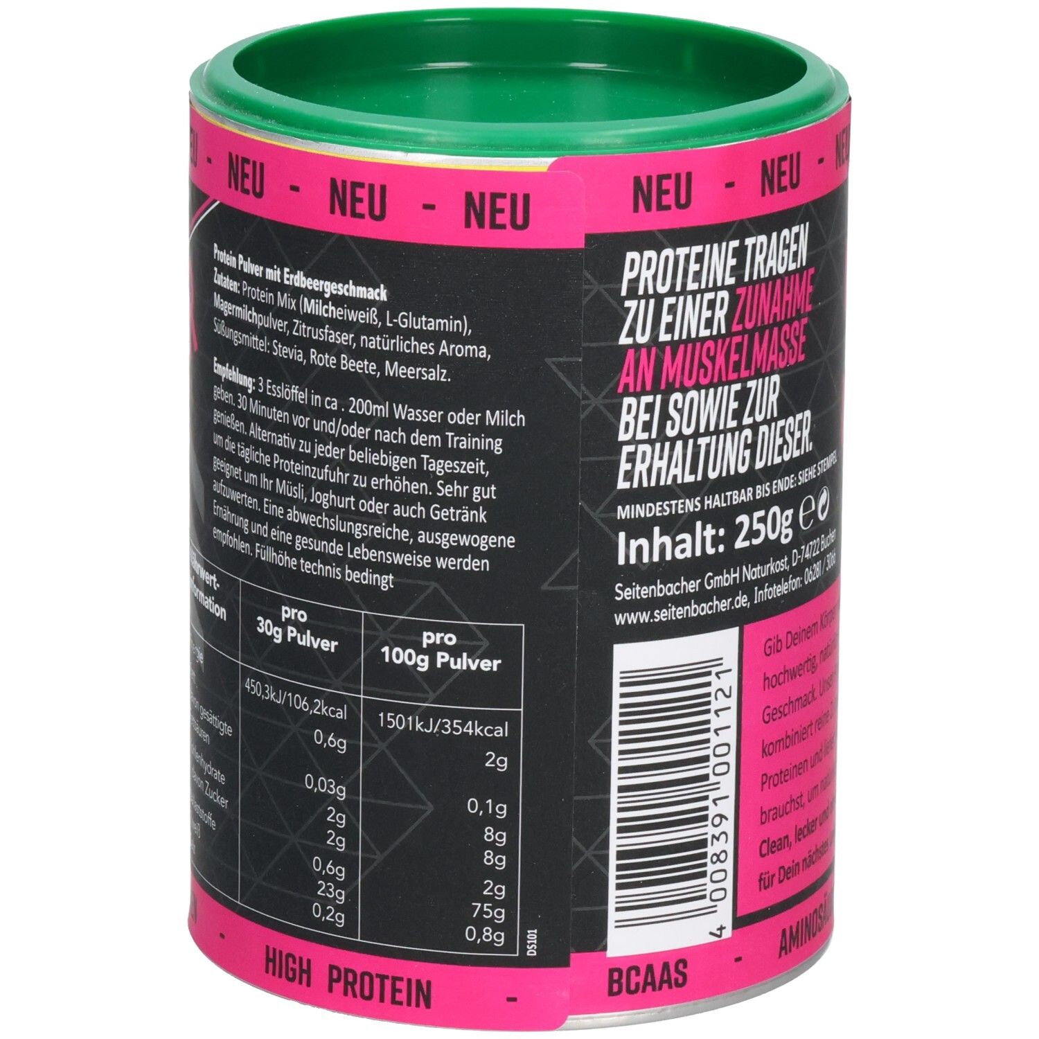 Boîte cylindrique avec couvercle vert. Dos avec texte, ingrédients et informations nutritionnelles. Contenu: 250g.