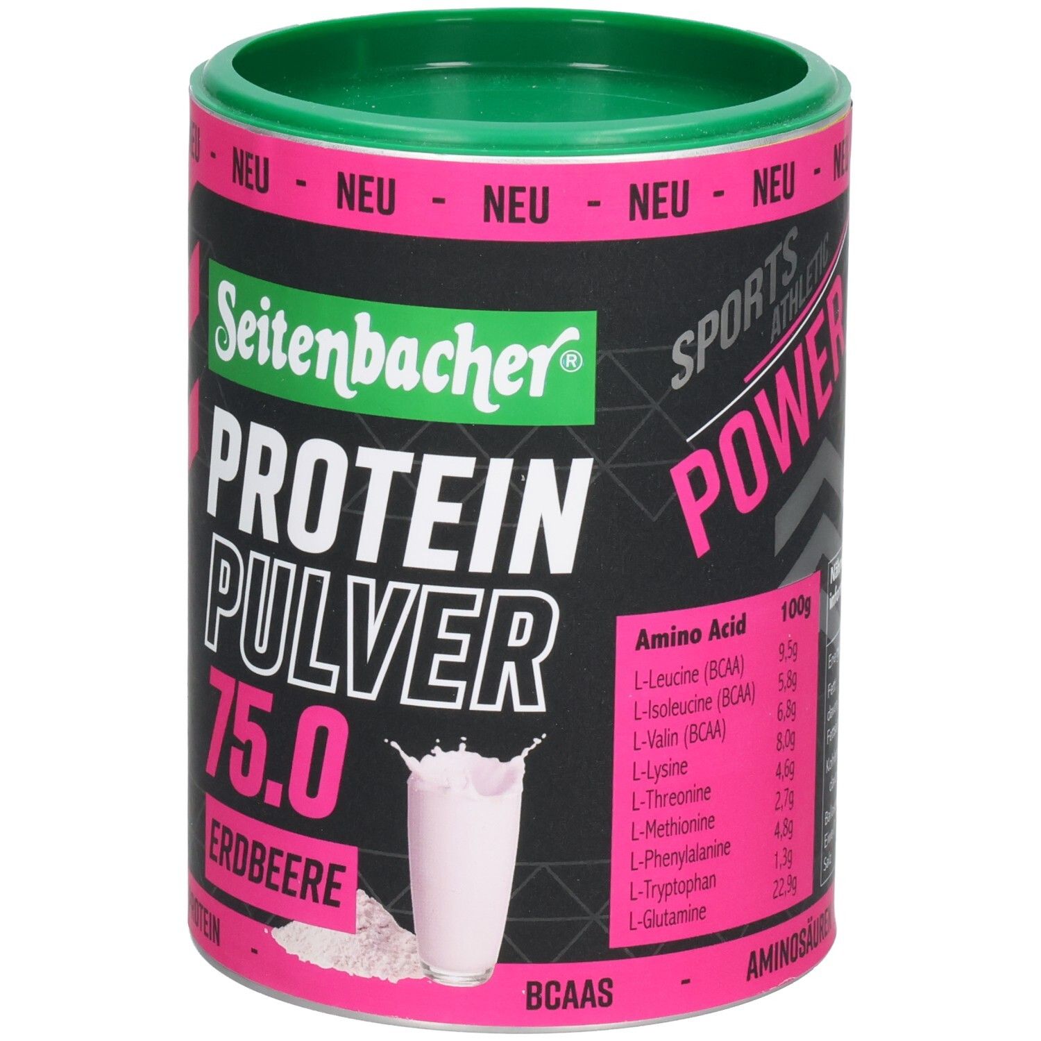 Boîte cylindrique avec couvercle vert. Inscription: Seitenbacher Protein Pulver 75.0 Erdbeere. Illustration d'une boisson. BCAA.