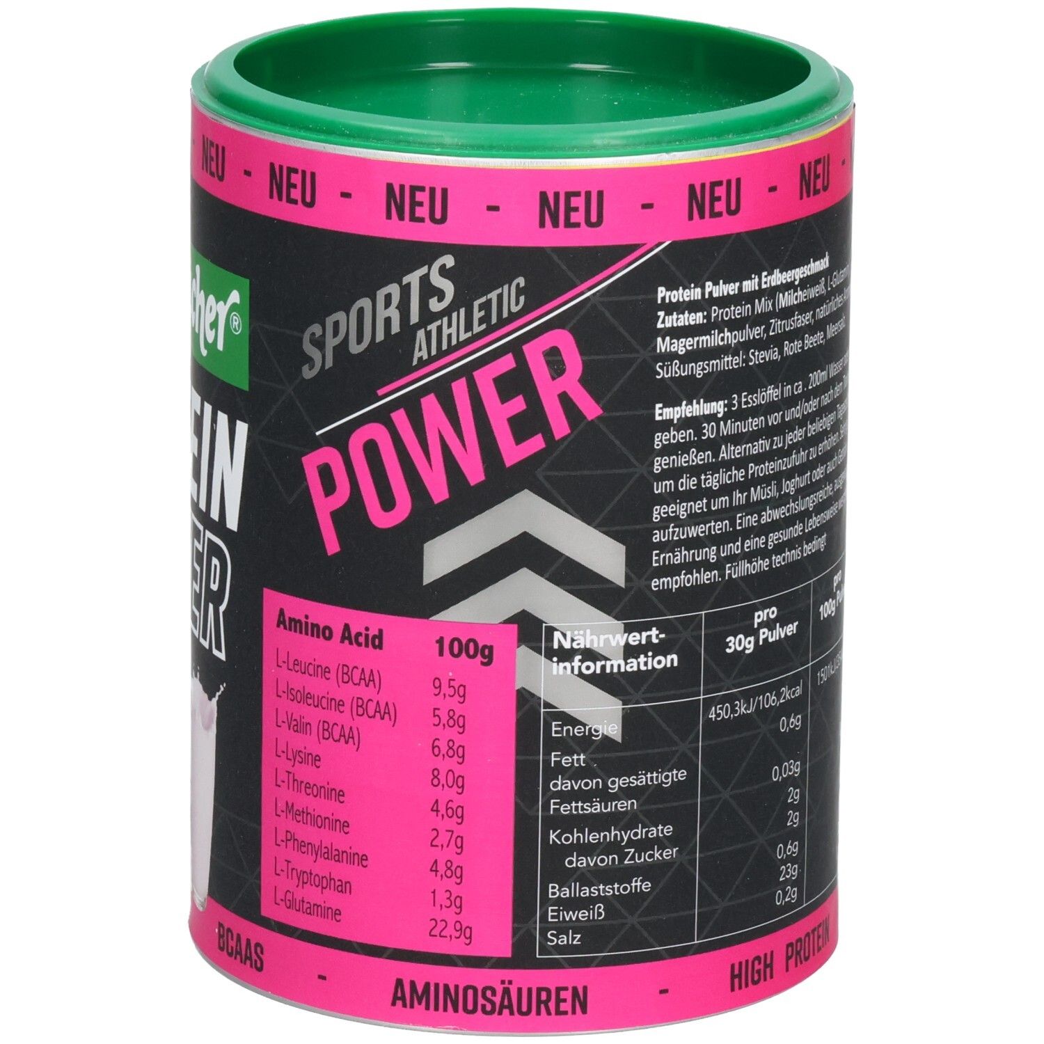 Boîte cylindrique avec couvercle vert. Inscription: Seitenbacher Protein Pulver 75.0 Erdbeere. Texte: SPORTS ATHLETIC POWER. BCAA.
