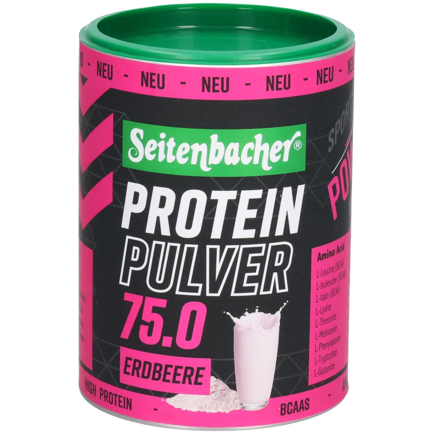 Boîte cylindrique avec couvercle vert. Inscription: Seitenbacher Protein Pulver 75.0 Erdbeere. Texte: SPORTS ATHLETIC POWER. BCAA.