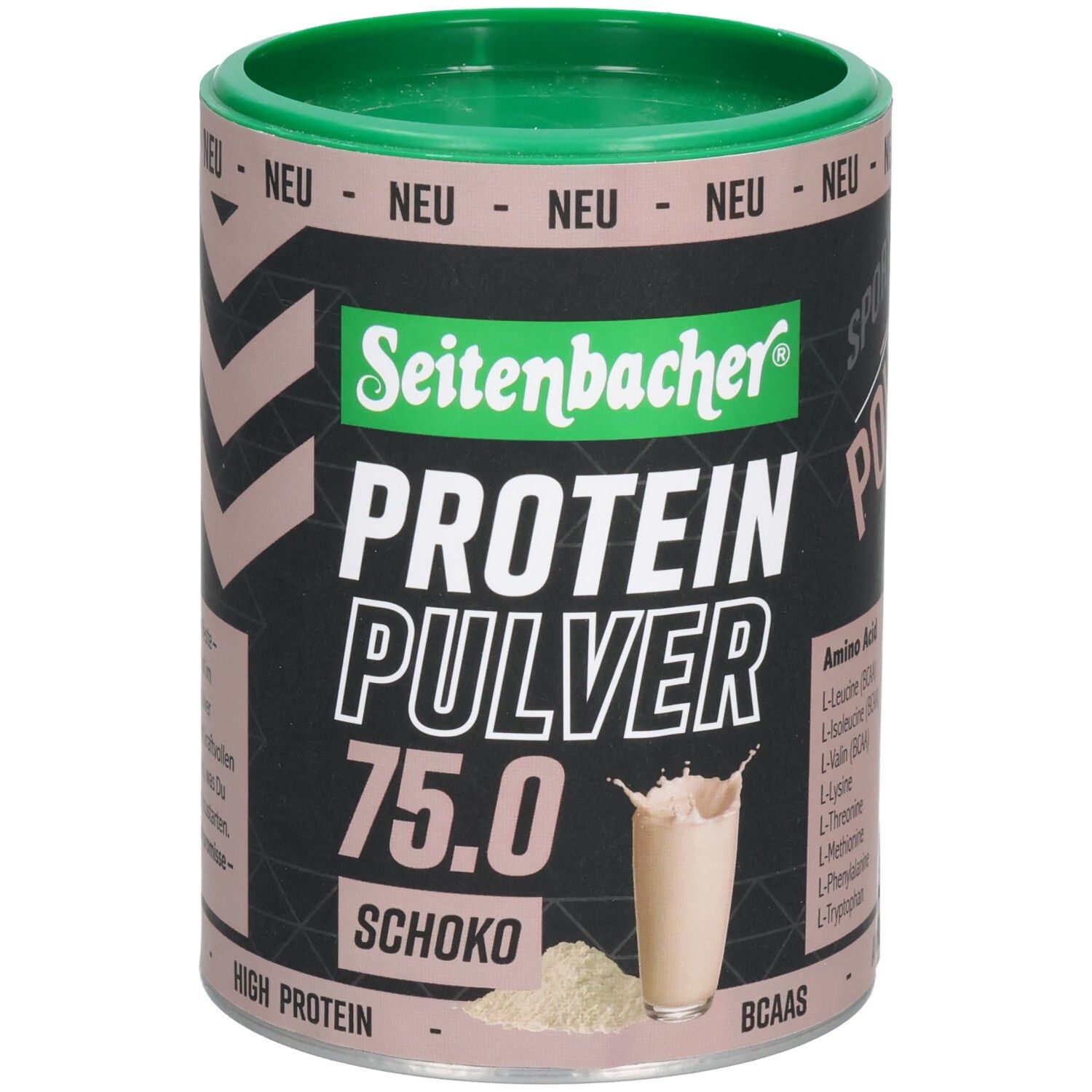 Dose Seitenbacher Proteinpulver Schoko. Grün-braune Dose mit Produktname und Abbildung eines Getränks. 75.0.