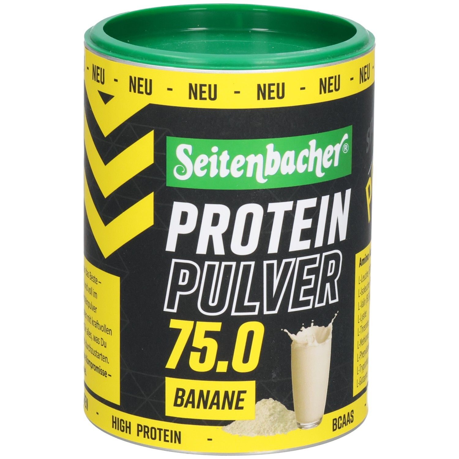 Dose Seitenbacher Proteinpulver Banane. Grün-gelbe Verpackung. Aufschrift: Protein Pulver 75.0. Abbildung eines Getränks.