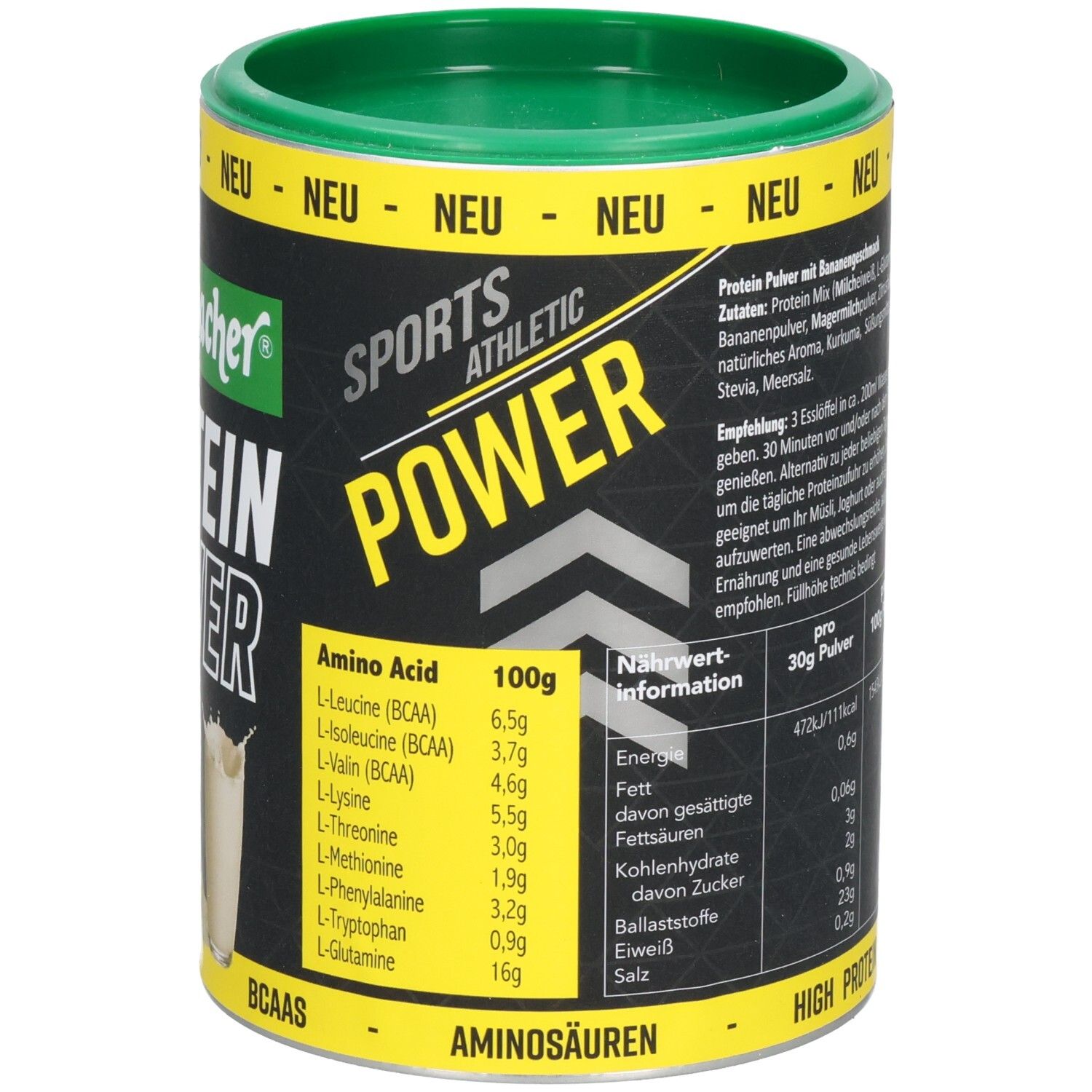 Rückseite der Dose Seitenbacher Proteinpulver. Zutatenliste und Nährwertangaben. Aminosäuren. Sports Athletic Power.