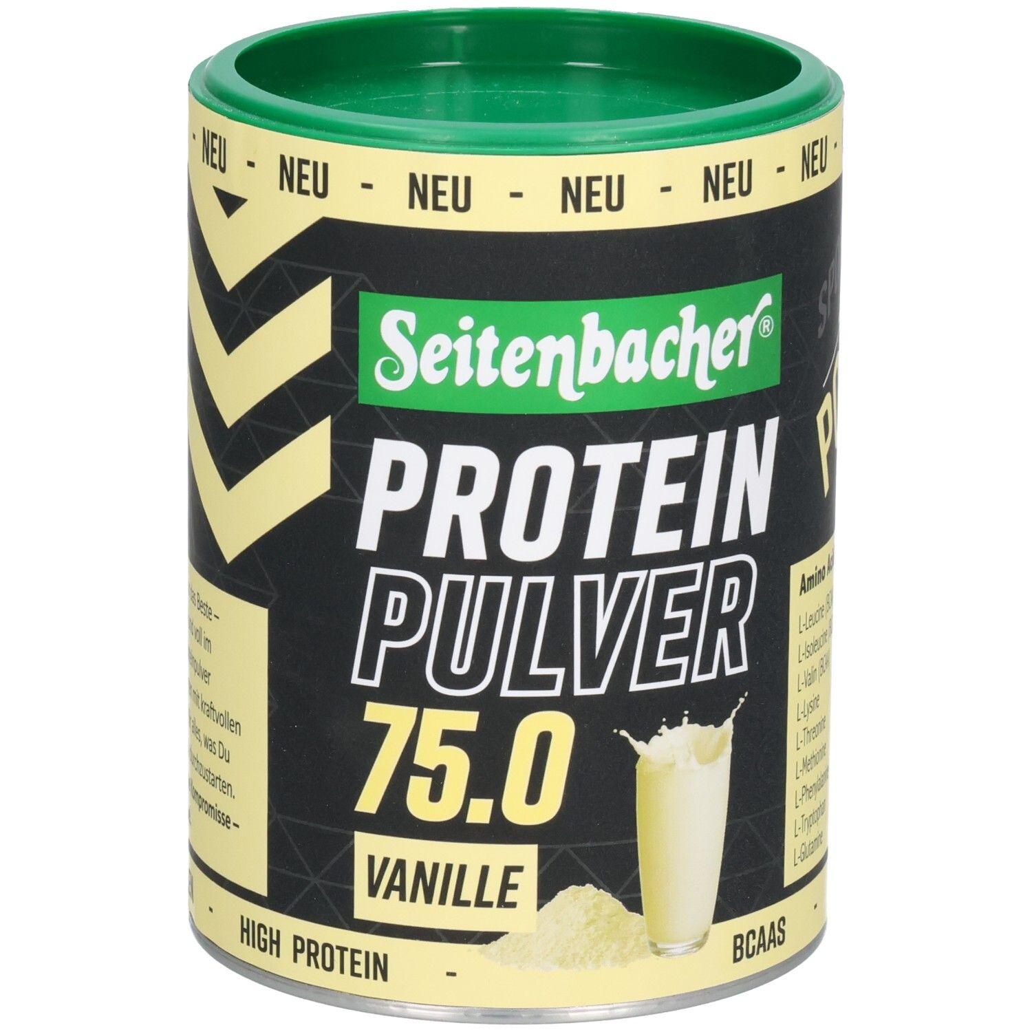 Dose Seitenbacher Proteinpulver Vanille. Grün-gelbe Verpackung. Aufschrift: Protein Pulver 75.0, Vanille. Abbildung eines Getränks.