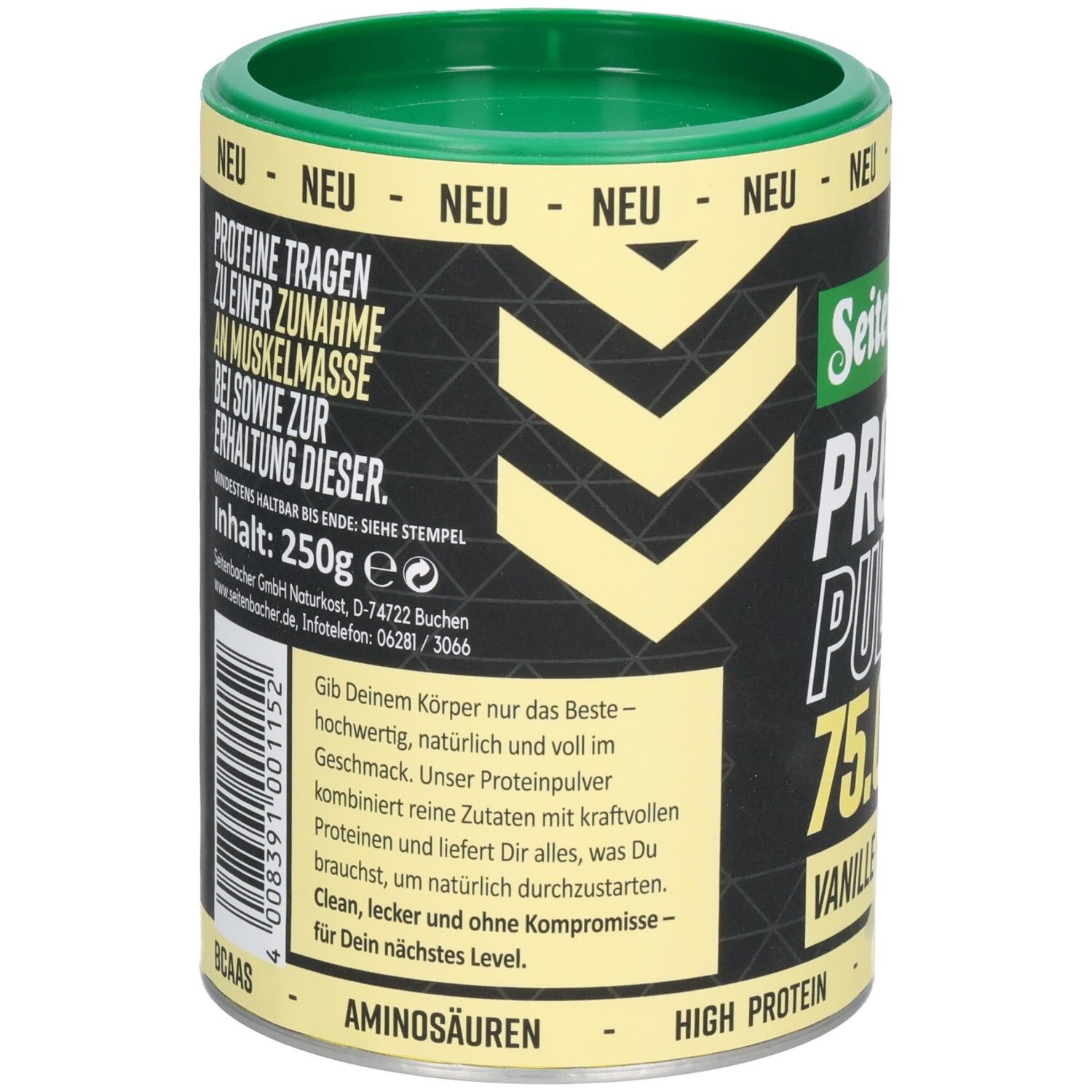 Dose Seitenbacher Proteinpulver. Rückseite mit Text. Aufschrift: 250g e. Enthält Aminosäuren. Grün-gelbe Verpackung.