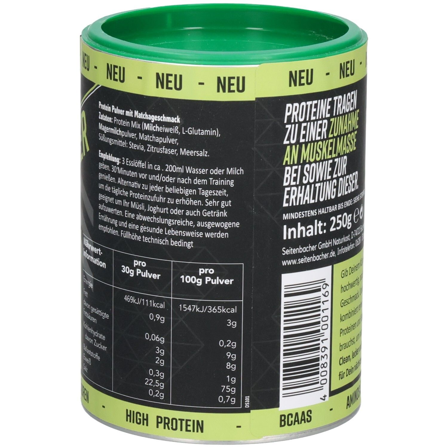 Grüne Dose Seitenbacher Proteinpulver. Text auf Deutsch. Nährwertangaben pro 30g und 100g Pulver. Inhaltsstoffe.