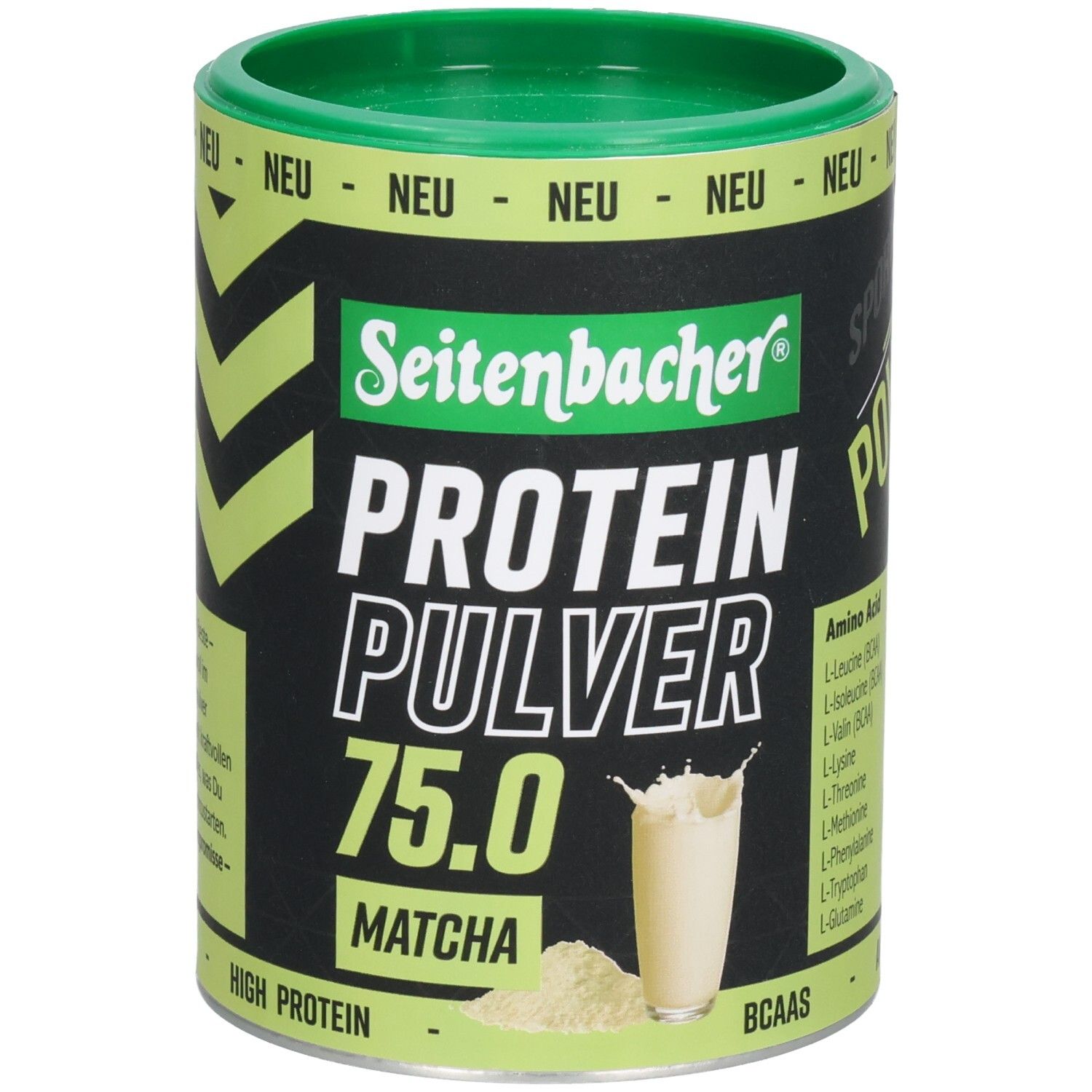 Grüne Dose Seitenbacher Proteinpulver Matcha. Aufschrift: Protein Pulver 75.0, Matcha. Abbildung eines Getränks.