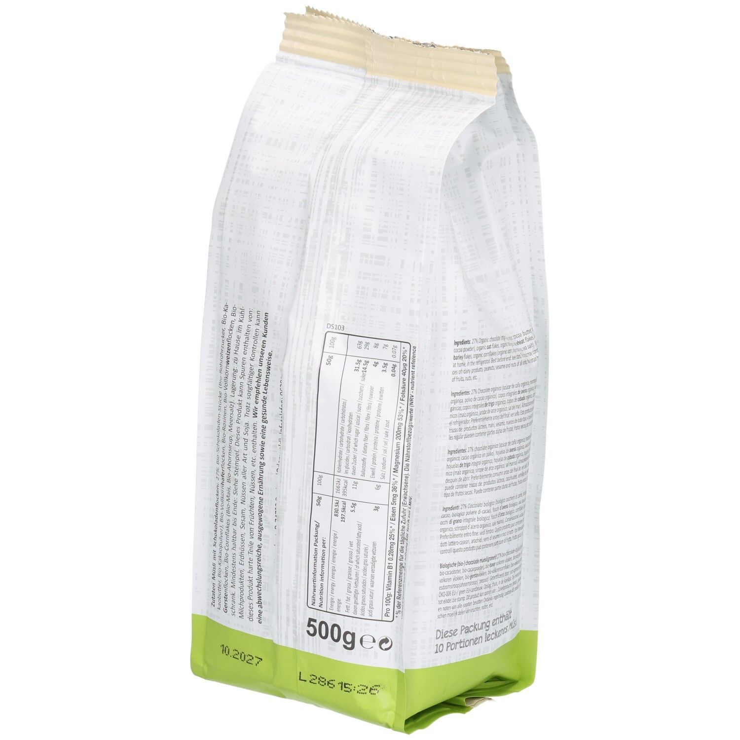 Rückseite der Verpackung von Seitenbacher Bio-Müsli Schoko-Traum. Angaben zu Nährwerten und Inhaltsstoffen. 500g.