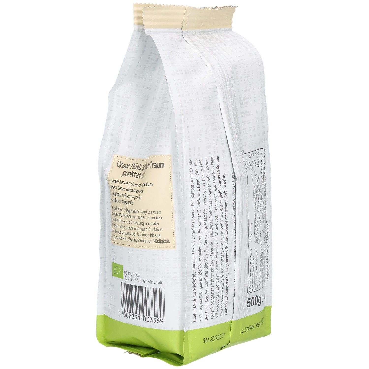 Rückseite der Verpackung von Seitenbacher Bio-Müsli Schoko-Traum. Angaben zu Nährwerten und Inhaltsstoffen. 500g.