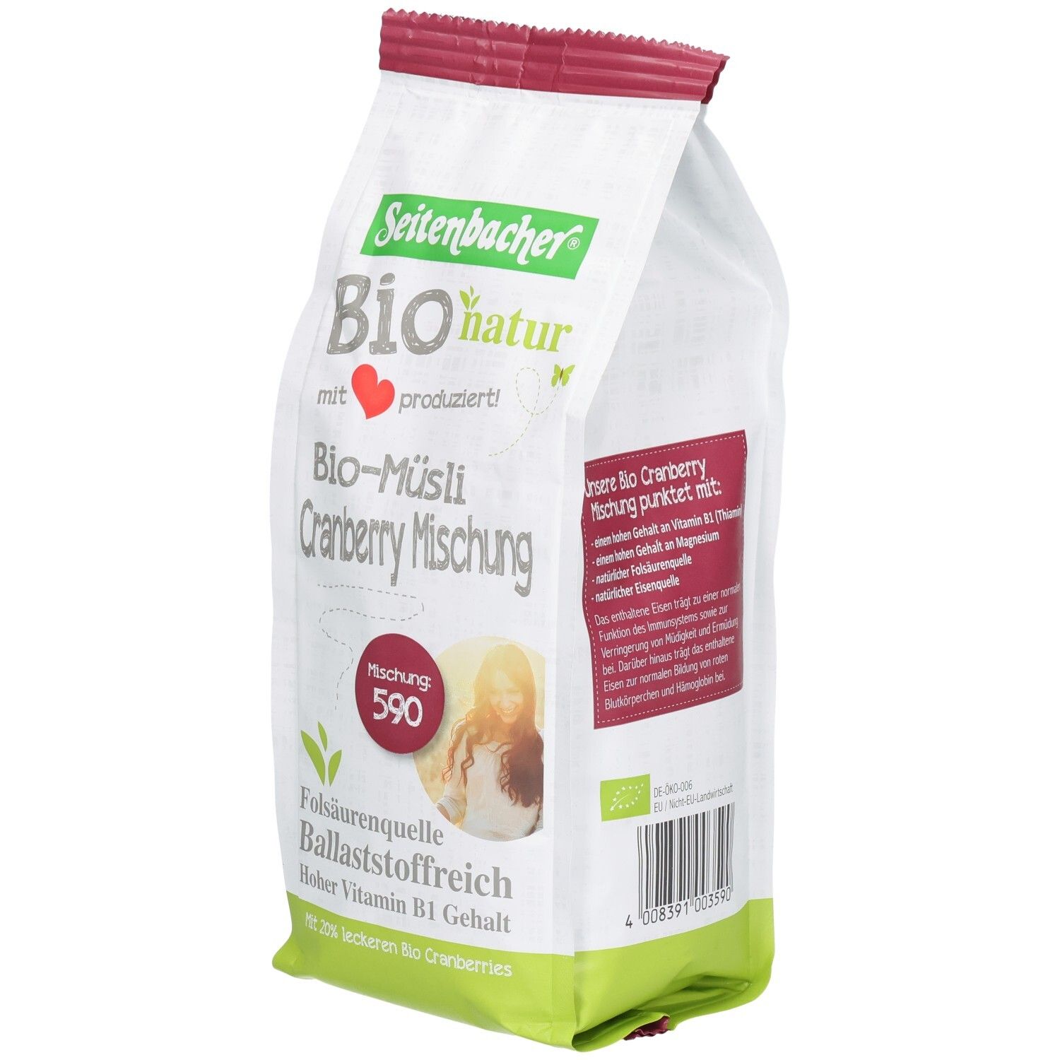 Verpackung von Seitenbacher Bio-Müsli Cranberry Mischung. Grün-weiß-rote Verpackung mit Produktnamen und Logo. Enthält 590.