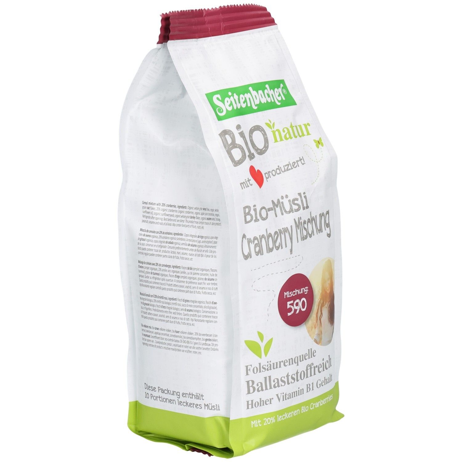 Seitenbacher Bio-Müsli Cranberry Mischung Verpackung. Ansicht von der Seite. Produktname, Logo und Text auf weißem Hintergrund.
