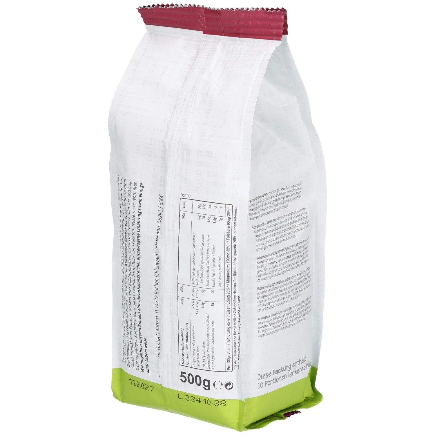 Rückseite der Verpackung von Seitenbacher Bio-Müsli Cranberry Mischung. Text und Nährwertangaben auf weißem Hintergrund.