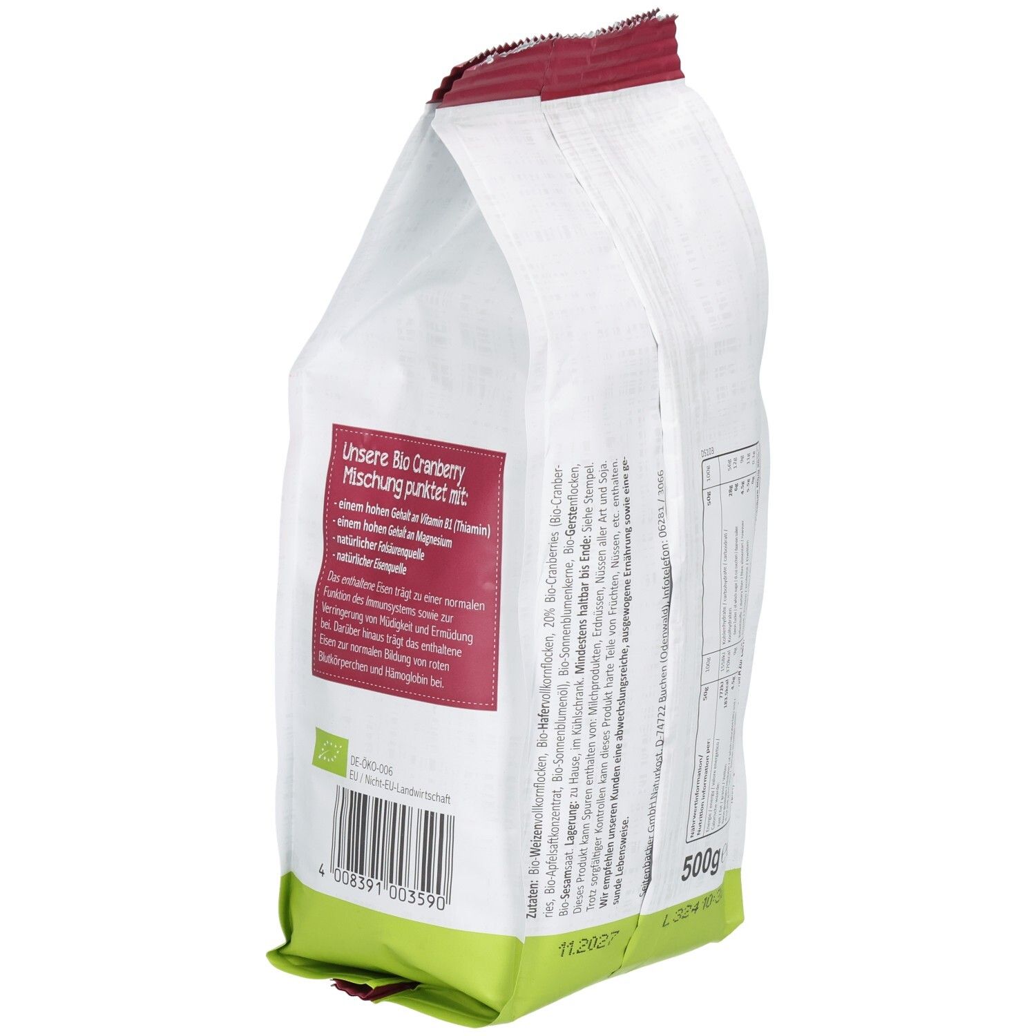 Seitenbacher Bio-Müsli Cranberry Mischung Verpackung. Seitenansicht mit Text und Logo. Roter Textbereich mit Produktinformationen.