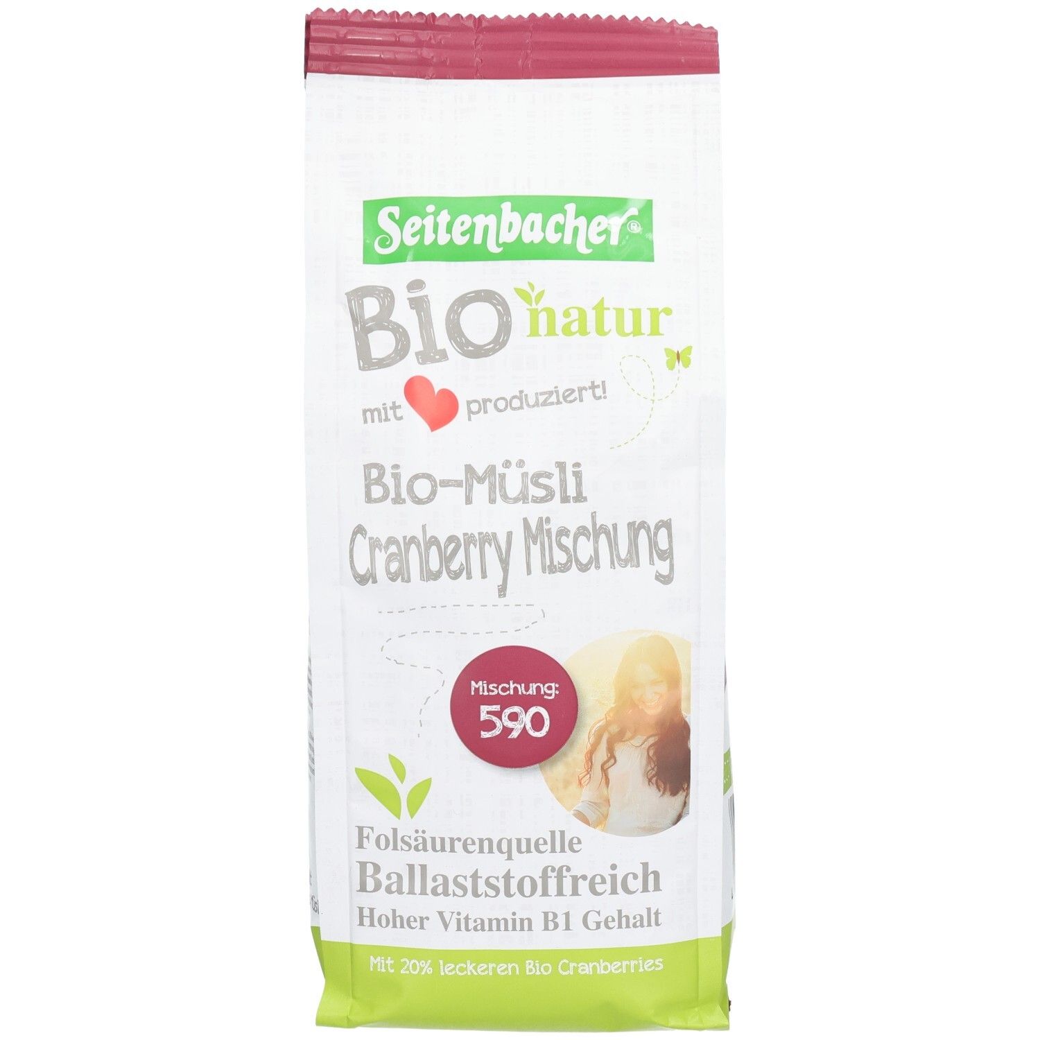 Seitenbacher Bio-Müsli Cranberry Mischung Verpackung. Vorderansicht mit Produktnamen, Logo und Abbildung. Rote runde Kennzeichnung 590.