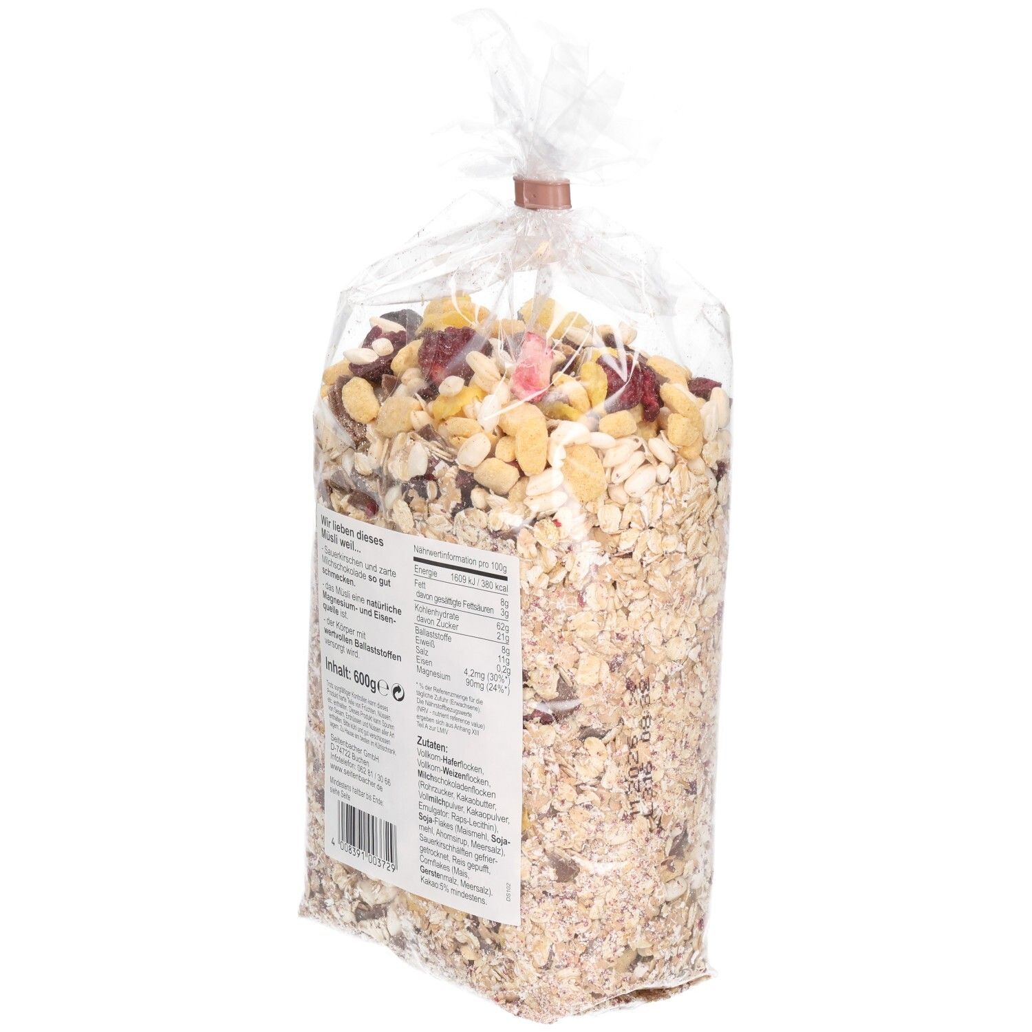 Transparente Tüte mit Müsli. Rückseite mit Nährwertangaben und Zutatenliste. Seitenbacher Müsli Kirsch-Fit.