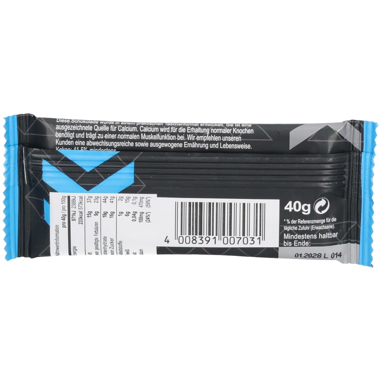 Rückseite der Proteinriegel-Verpackung. Enthält Nährwertangaben und Barcode. Aufschrift: 40g.