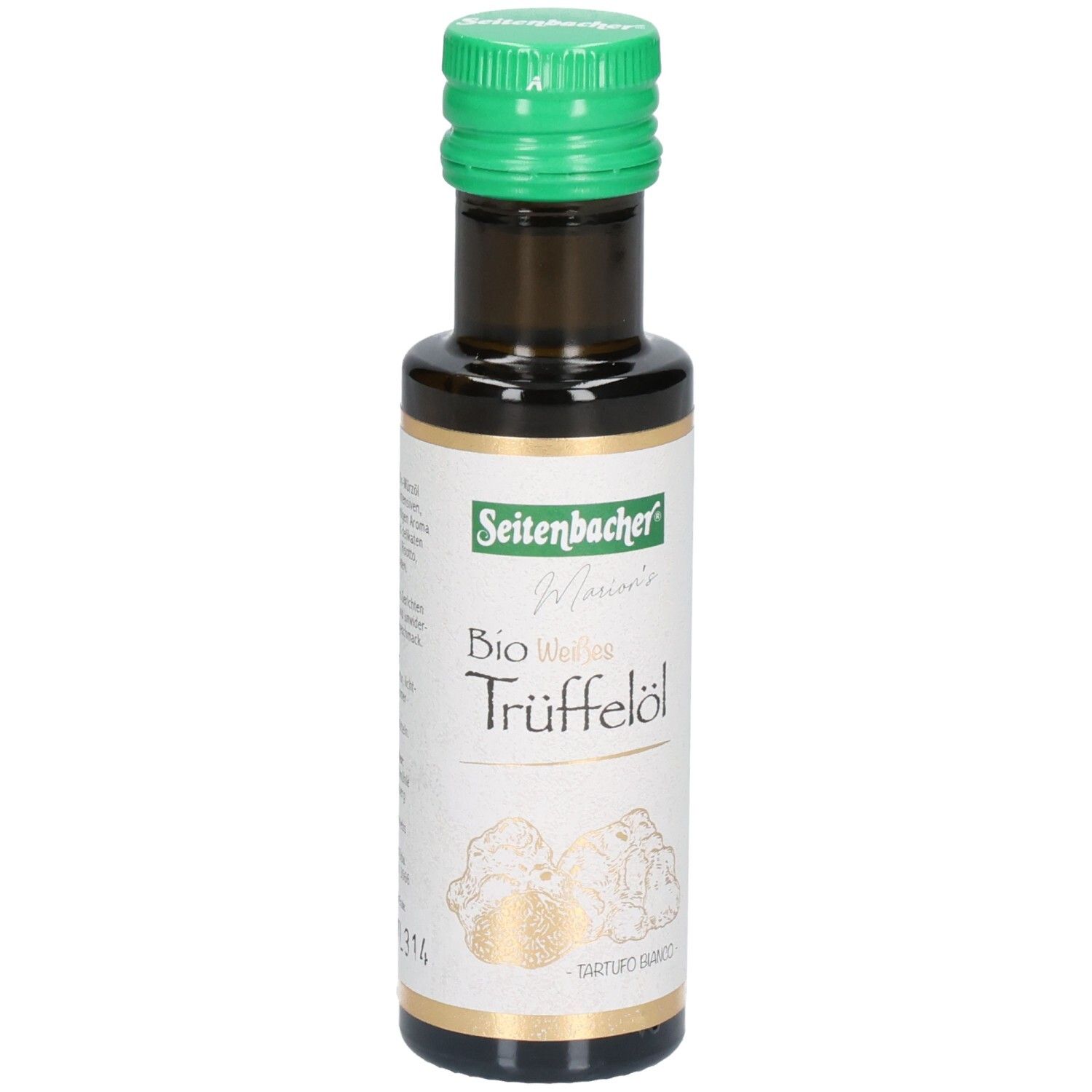 Braune Glasflasche mit grünem Deckel. Etikett mit "Seitenbacher" und "Bio Weißes Trüffelöl". Abbildung von Trüffeln.