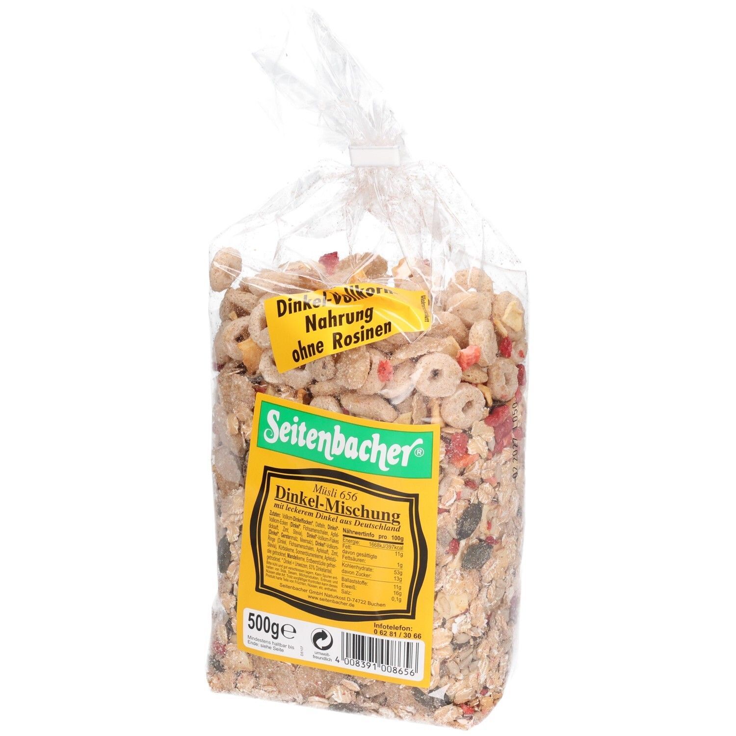 Transparente Tüte mit Müsli-Mischung. Aufkleber mit Produktinformationen und Markenname Seitenbacher. Aufschrift: Dinkel-Mischung.