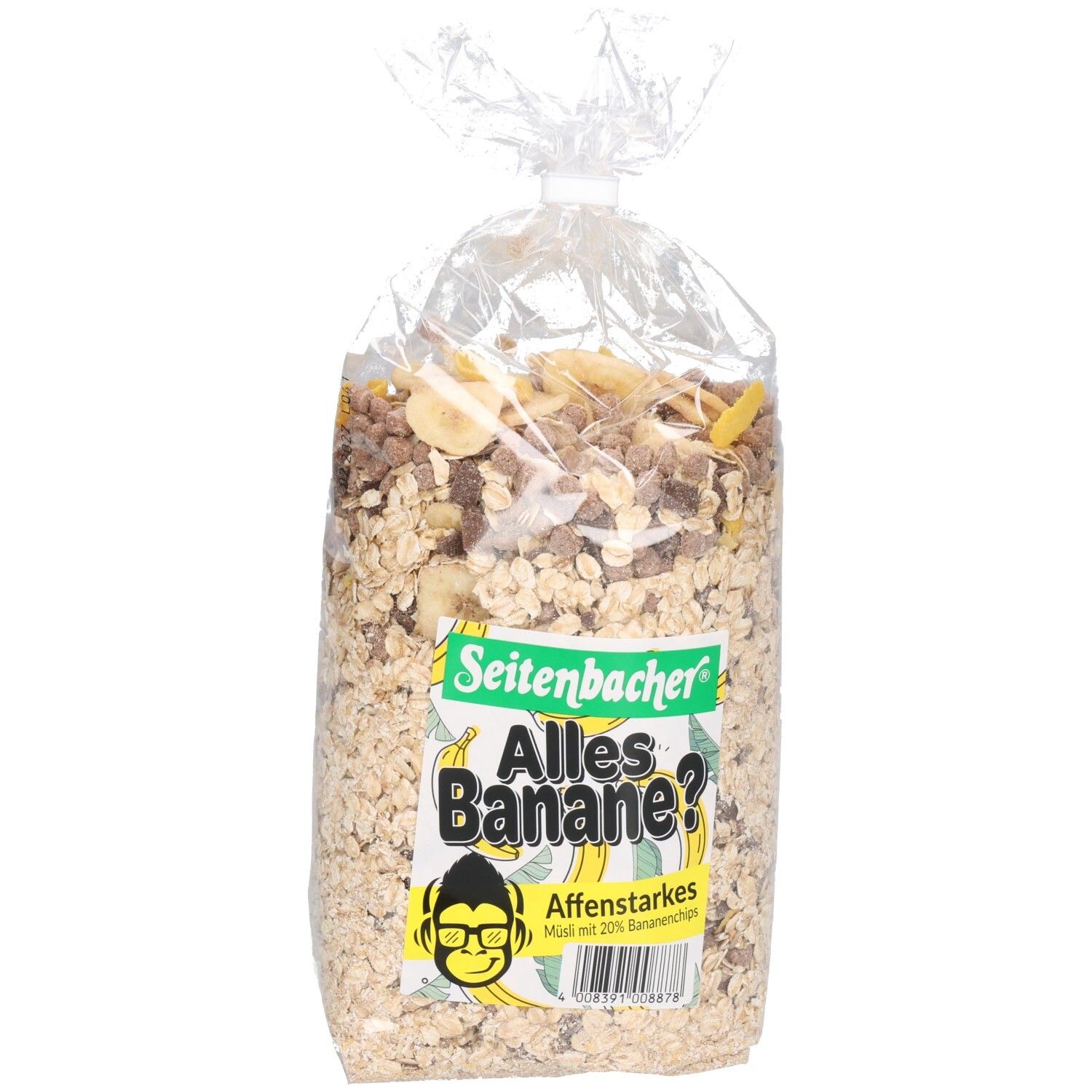 Transparente Tüte mit Müsli. Aufdruck: Seitenbacher Alles Banane? mit Bananenchips und Affen-Logo.