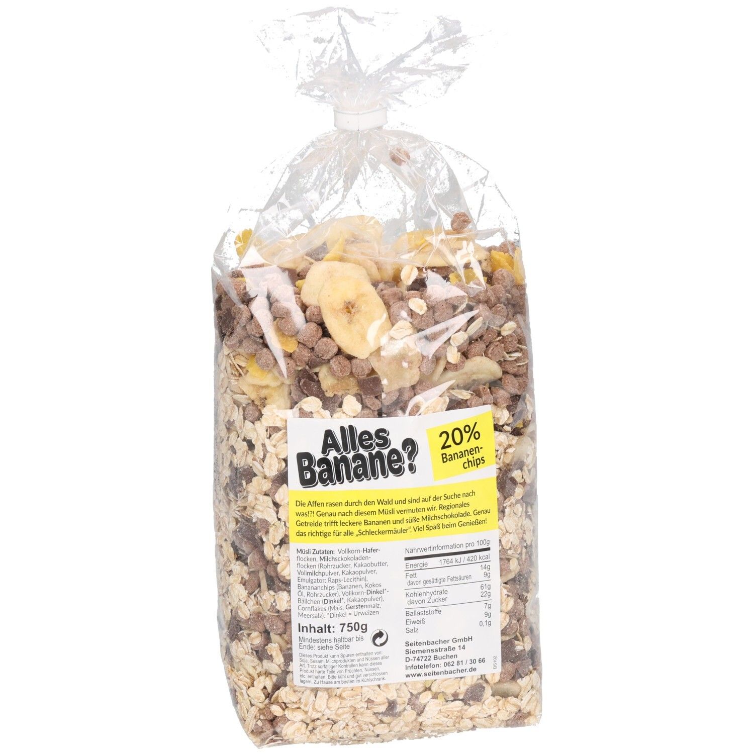 Transparente Tüte Müsli mit Bananenchips. Aufdruck: Seitenbacher Alles Banane? und Nährwertangaben.