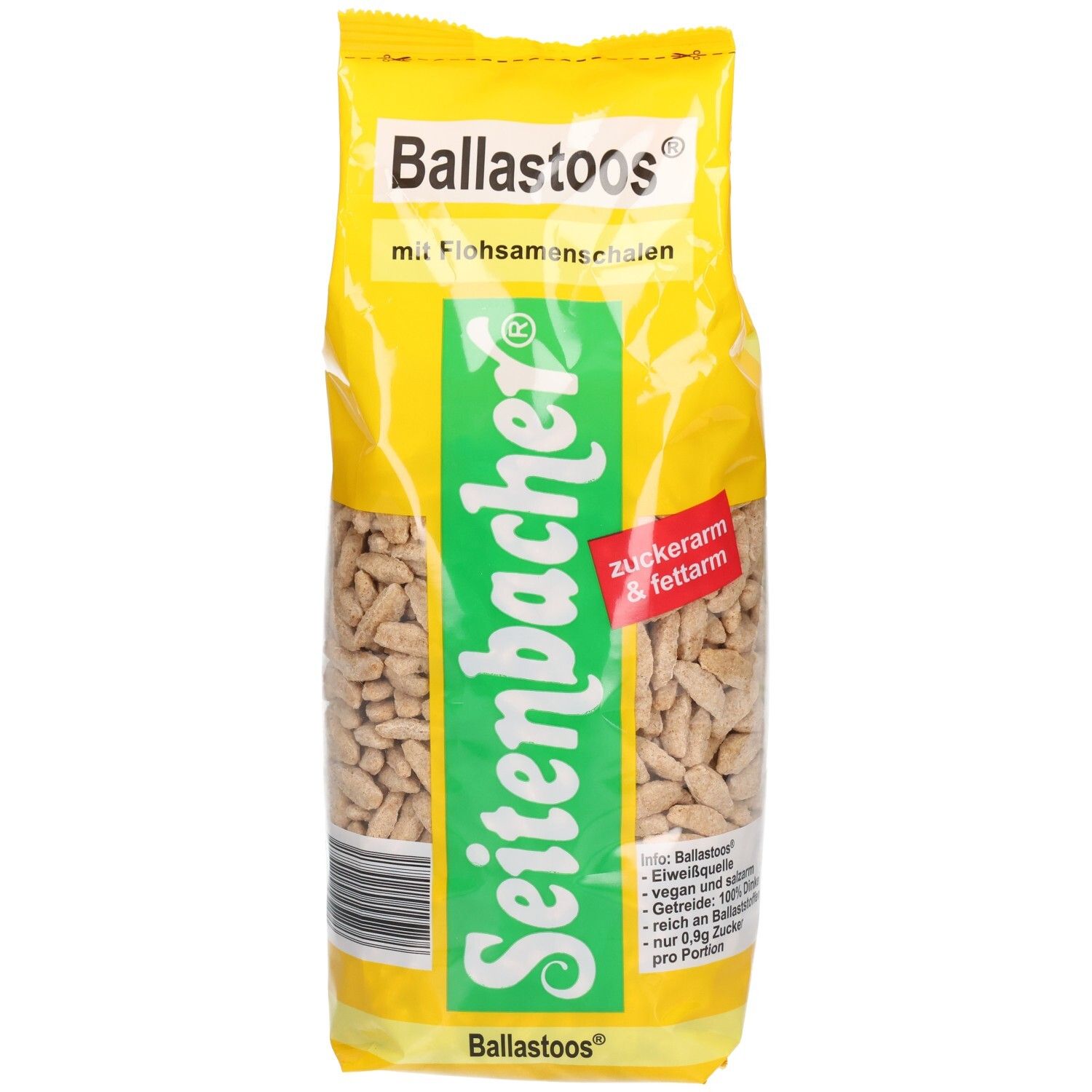 Gelbe Verpackung mit Produktnamen und Logo. Enthält Flohsamenschalen. Text: zuckerarm & fettarm. Seitenbacher-Logo.