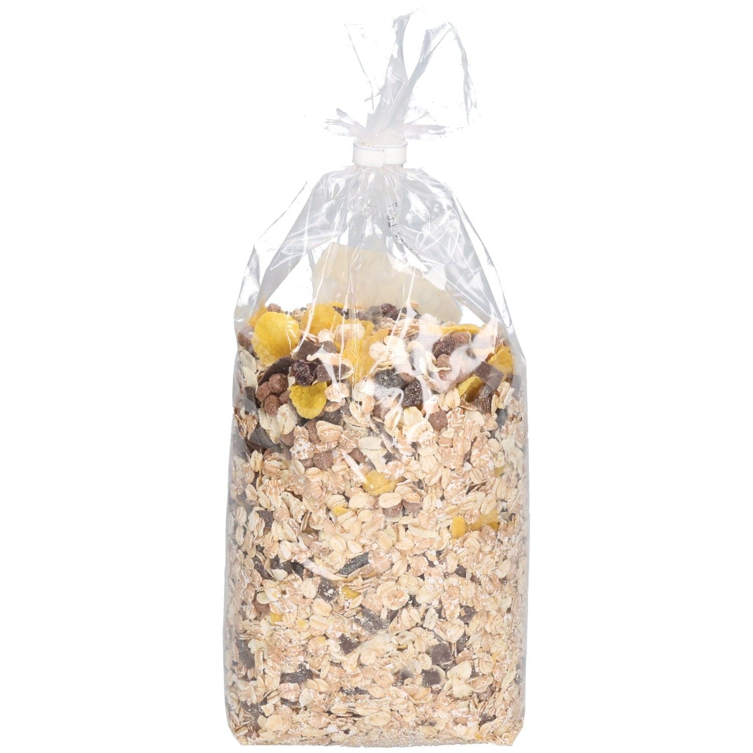 Transparente Tüte mit Seitenbacher Sb.-Confiserie. Inhalt sichtbar: Getreide, Trockenfrüchte. Klare Verpackung, Produktansicht.