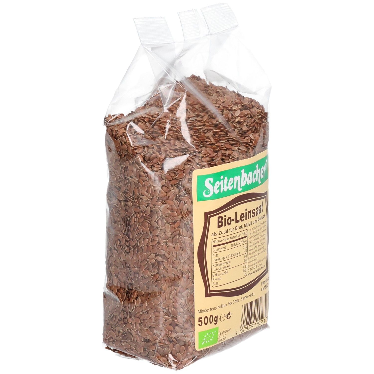 Transparente Verpackung mit Bio-Leinsaat. Seitenansicht. Aufdruck: Seitenbacher, Bio-Leinsaat, 500g.
