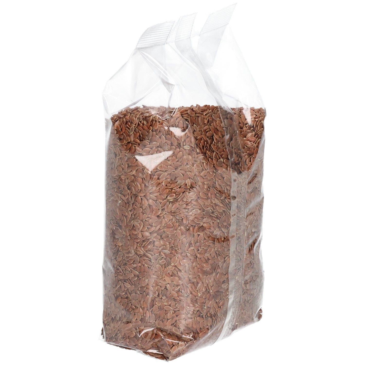 Transparente Verpackung mit Bio-Leinsaat. Seitenansicht. Produkt ist sichtbar.