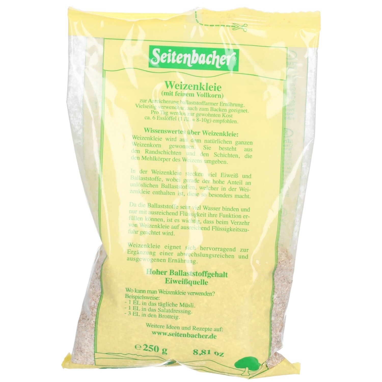 Transparente Verpackung mit Seitenbacher Weizenkleie. Gelbes Etikett mit Produktinformationen und Logo. Inhalt: 250g.