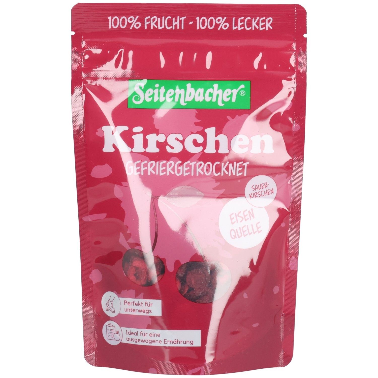 Rote Verpackung mit Seitenbacher Kirschen. Gefriergetrocknete Kirschen, Schriftzug, grüne Marke. Text: 100% Frucht - 100% lecker.