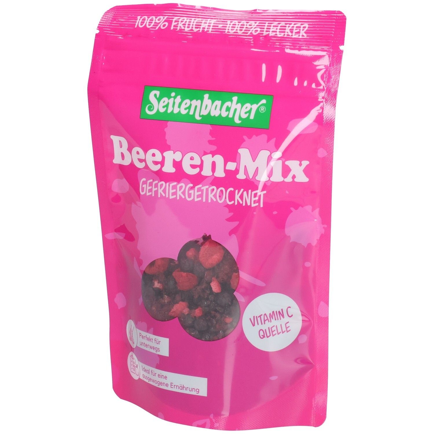 Sachet rose Seitenbacher Beeren-Mix. Baies lyophilisées. Source de vitamine C. Inscriptions: 100% fruit, 100% délicieux.