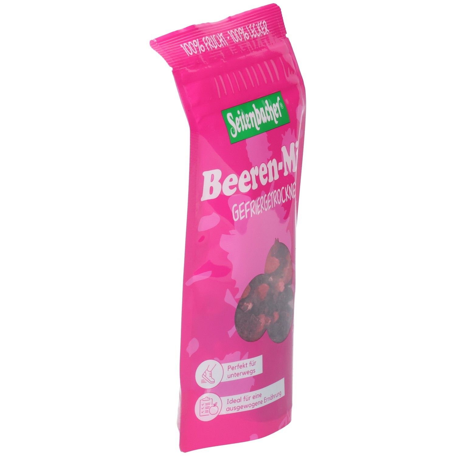 Sachet rose Seitenbacher Beeren-Mix. Baies lyophilisées. Inscriptions: 100% fruit, 100% délicieux. Vue latérale.