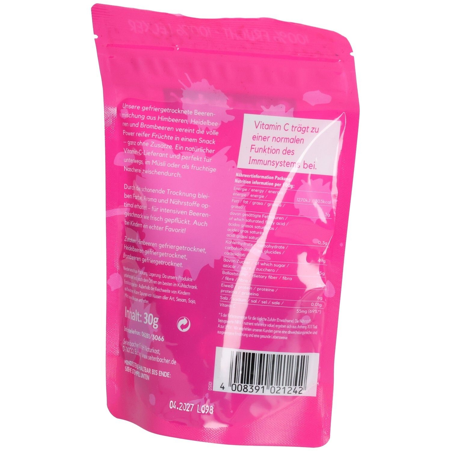 Dos du sachet rose Seitenbacher Beeren-Mix. Informations sur les ingrédients et la valeur nutritionnelle. Texte en allemand.