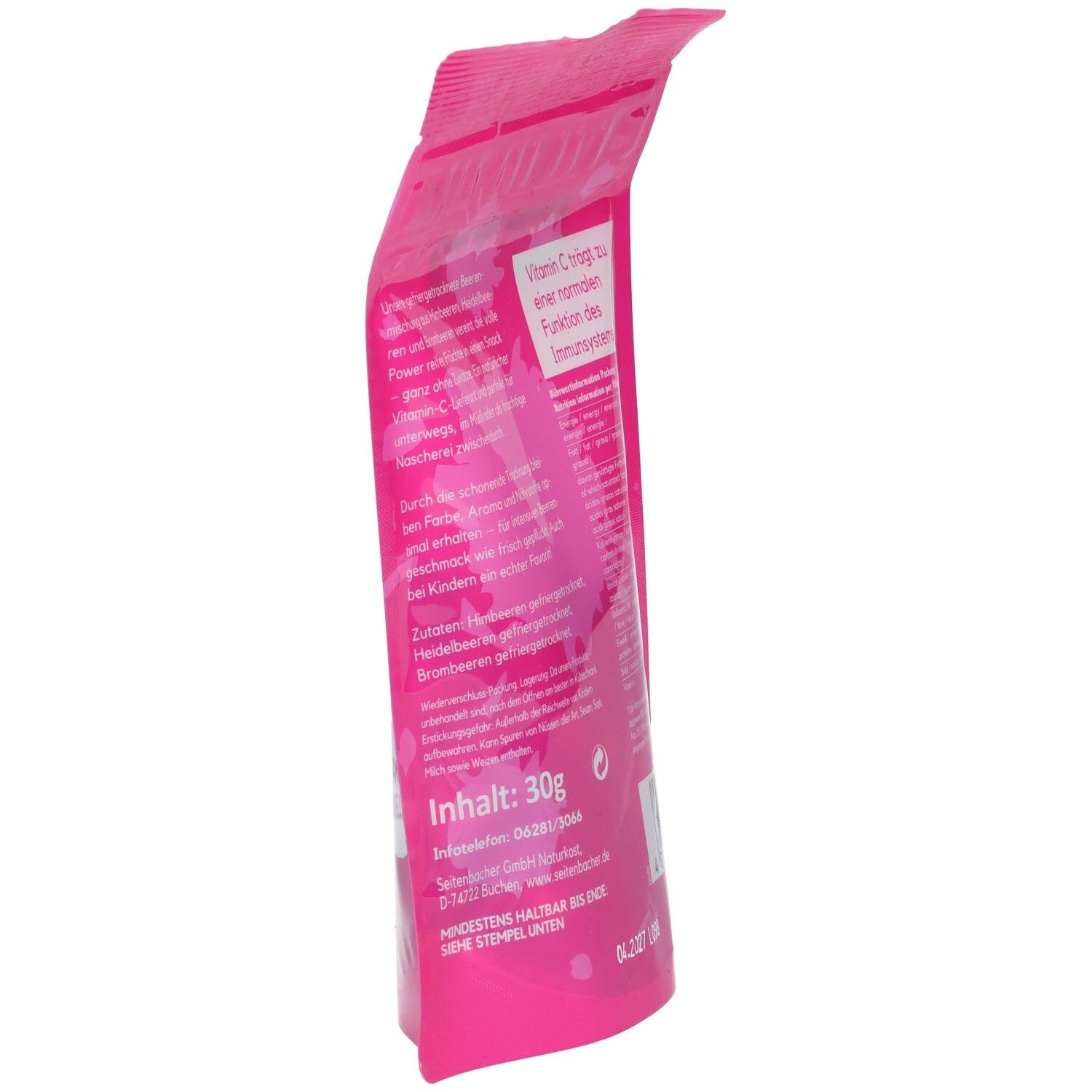 Vue latérale du sachet rose Seitenbacher Beeren-Mix. Texte en allemand. Contenu: 30g.