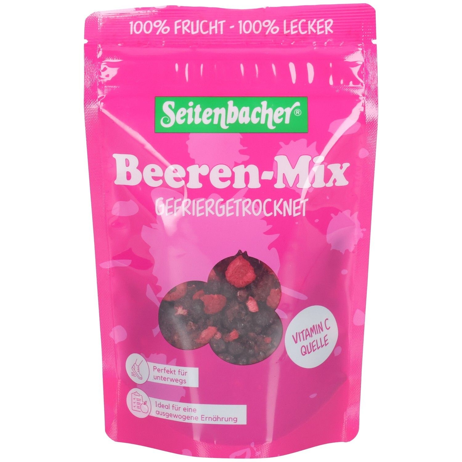 Sachet rose Seitenbacher Beeren-Mix. Baies lyophilisées. Source de vitamine C. Inscriptions: 100% fruit, 100% délicieux.
