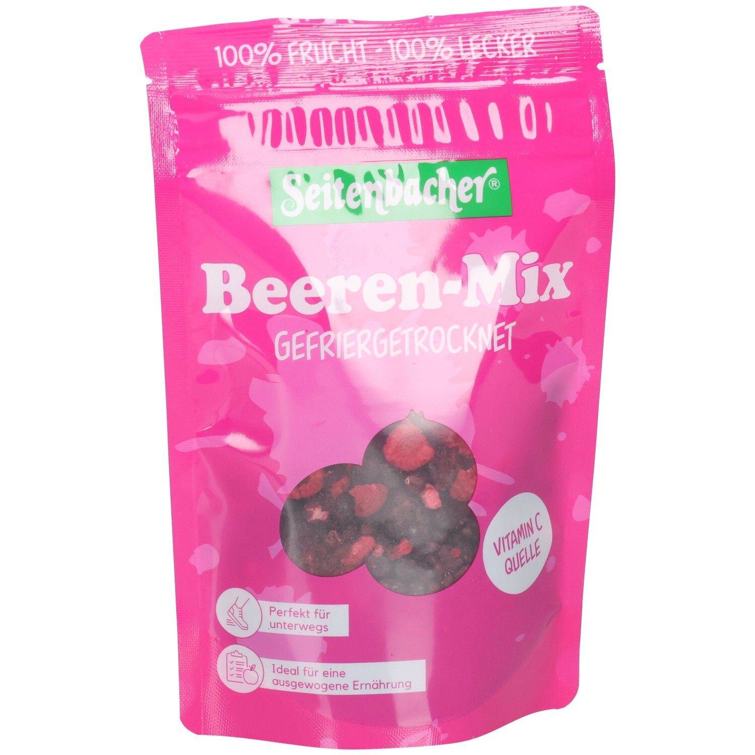 Sachet rose Seitenbacher Beeren-Mix. Baies lyophilisées. Source de vitamine C. Inscriptions: 100% fruit, 100% délicieux.