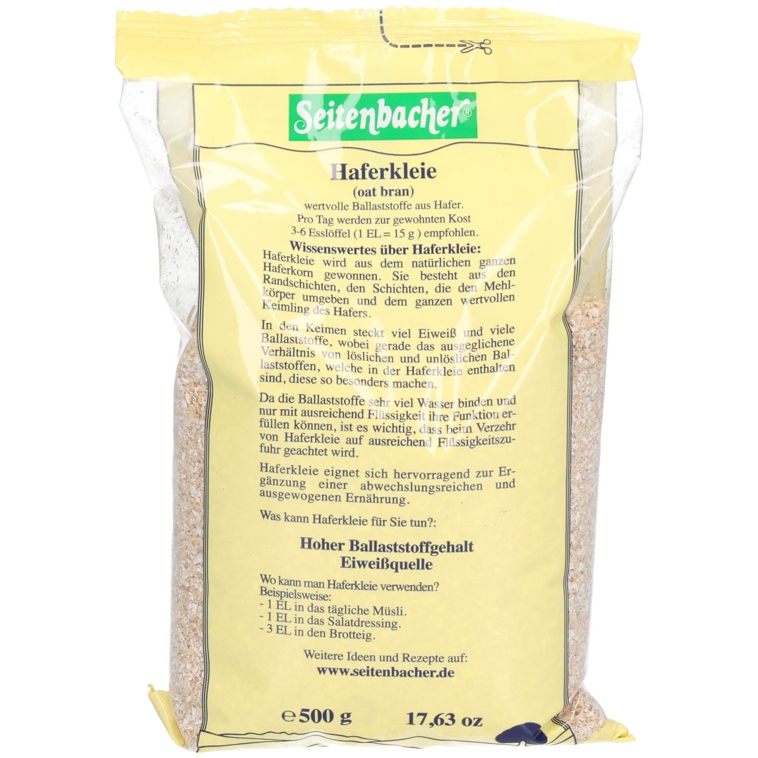 Transparente Verpackung mit Seitenbacher Haferkleie. Gelber Aufdruck mit Produktinformationen und Text. 500g Packung.