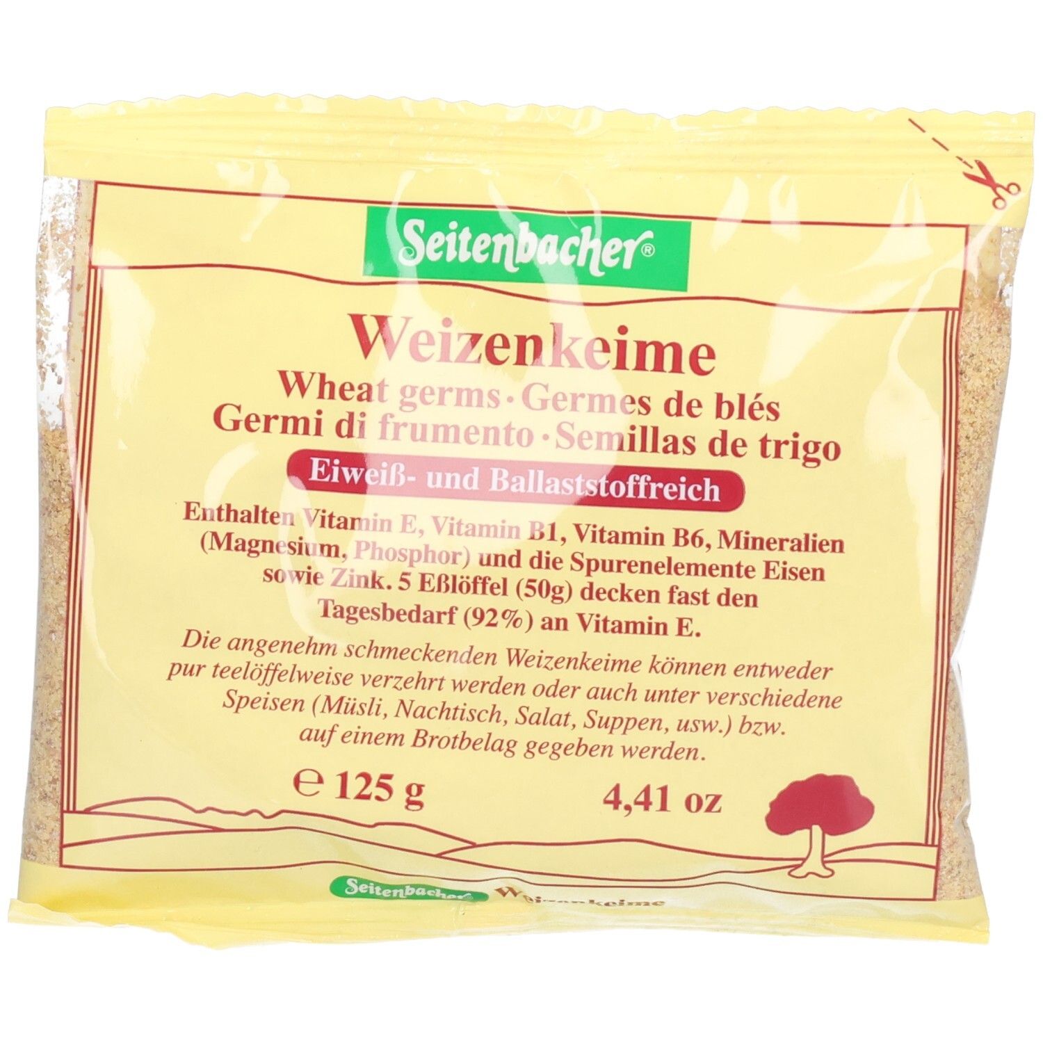 Gelbe Verpackung mit Aufschrift "Weizenkeime". Enthält Text in Deutsch, Englisch, Französisch und Italienisch. 125g.