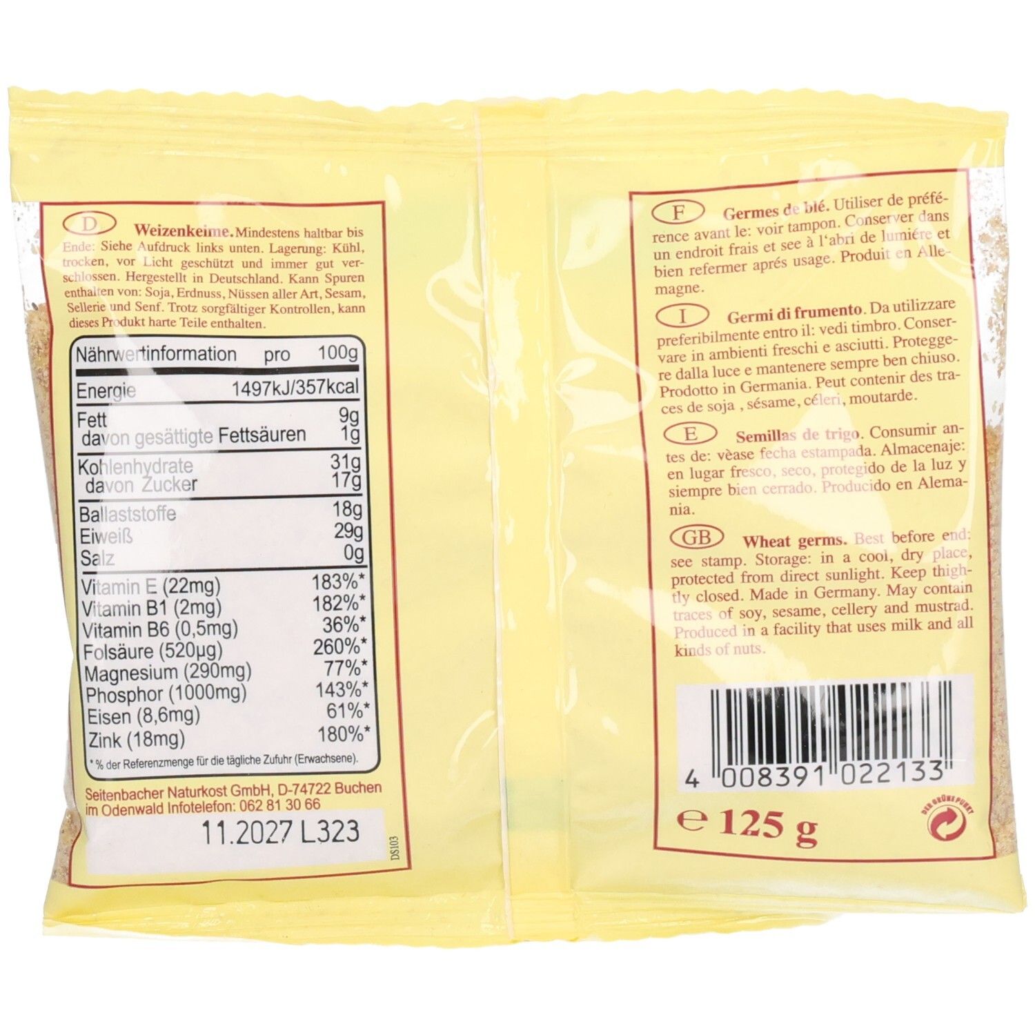 Rückseite der Verpackung mit Nährwertangaben und Text in mehreren Sprachen. Enthält Informationen zu Inhaltsstoffen und Gewicht.