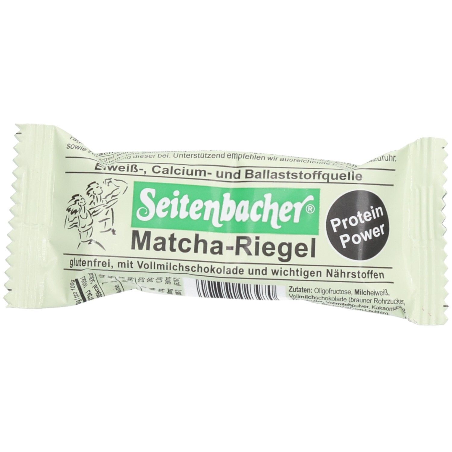 Emballage du Seitenbacher Matcha-Riegel. Vert et blanc, avec nom et logo du produit. Contient du texte et des illustrations.