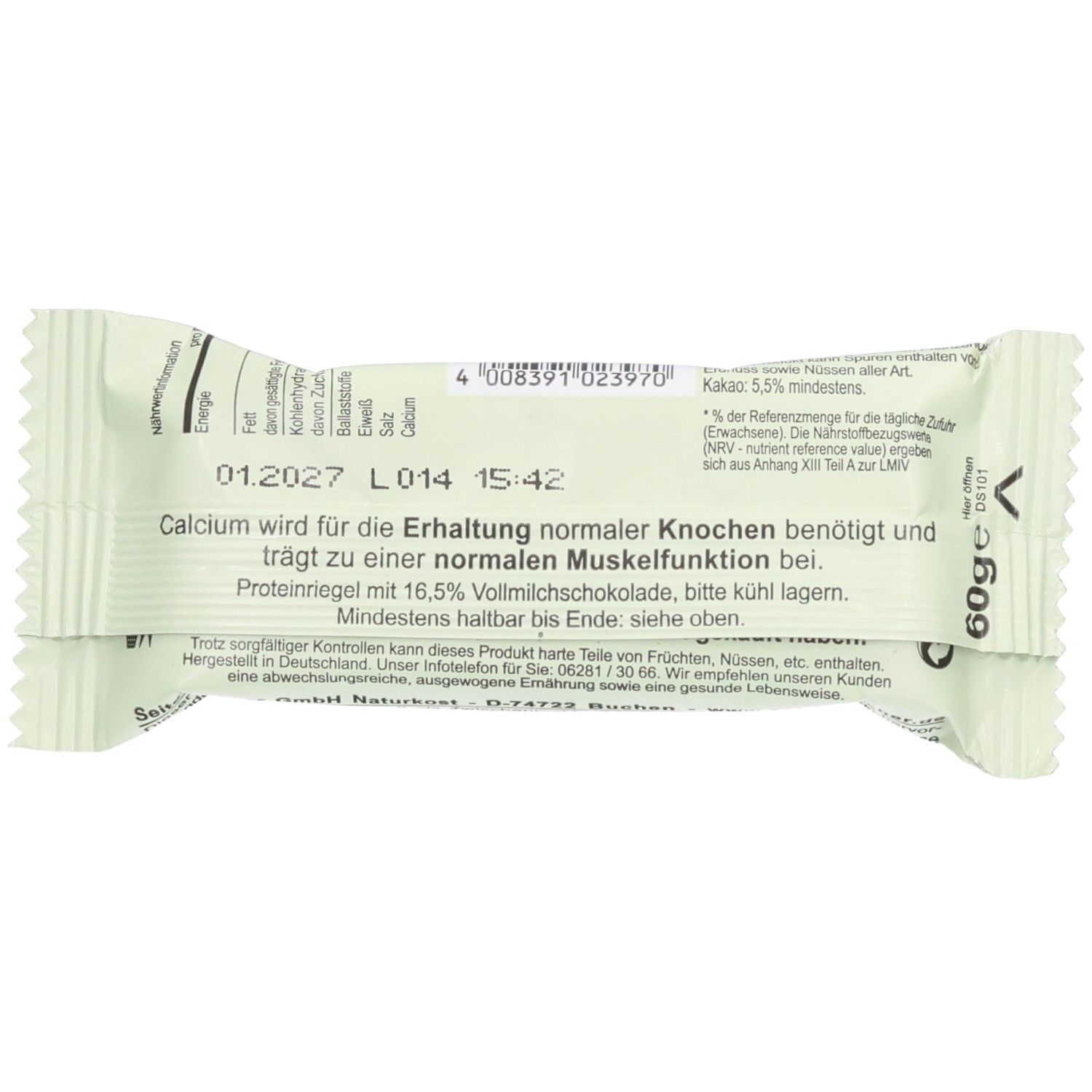 Dos de l'emballage du Seitenbacher Matcha-Riegel. Contient du texte, un code-barres et le poids : 60g.