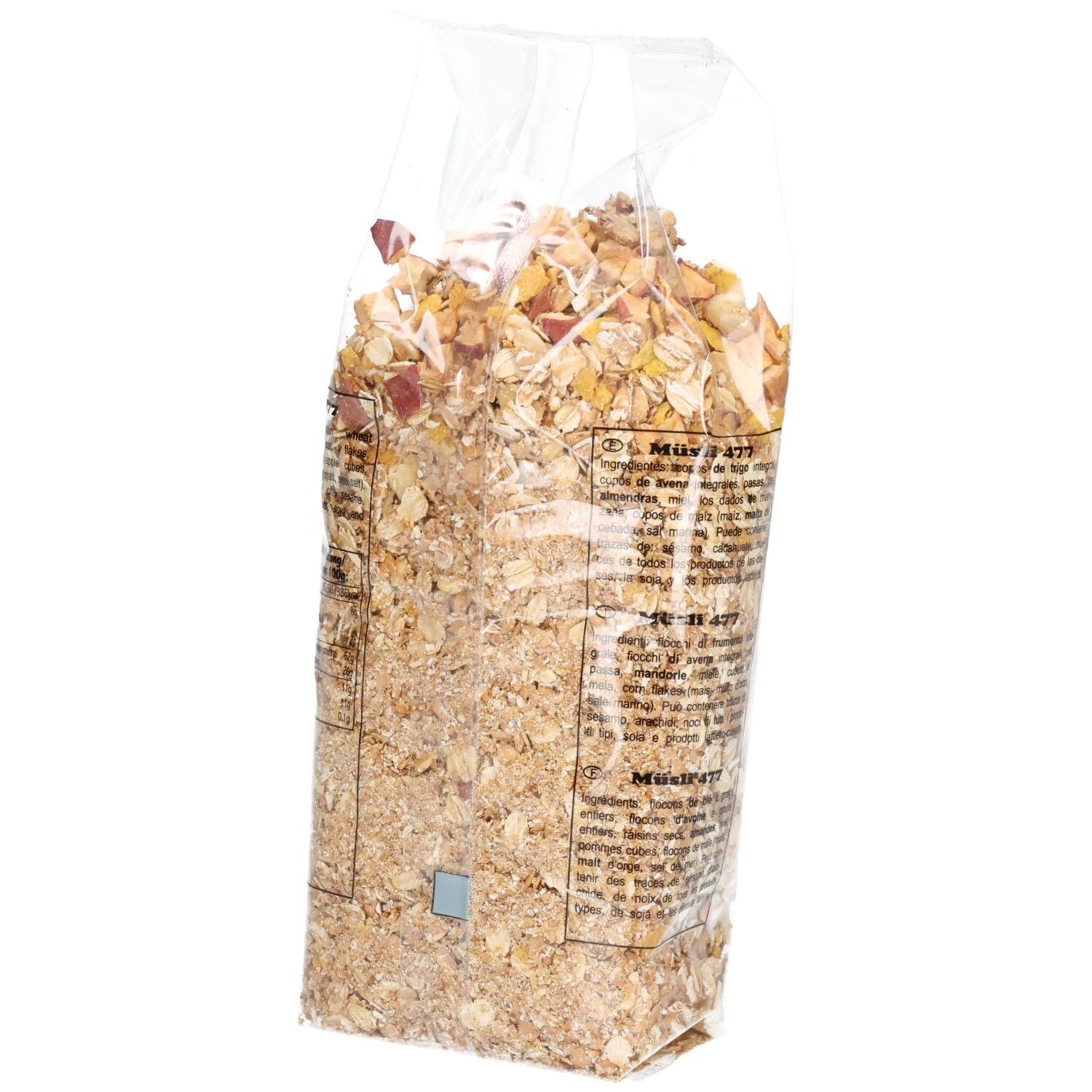 Rückansicht einer transparenten Müsli-Verpackung. Etikett mit Produktinformationen. Inhalt 400g.