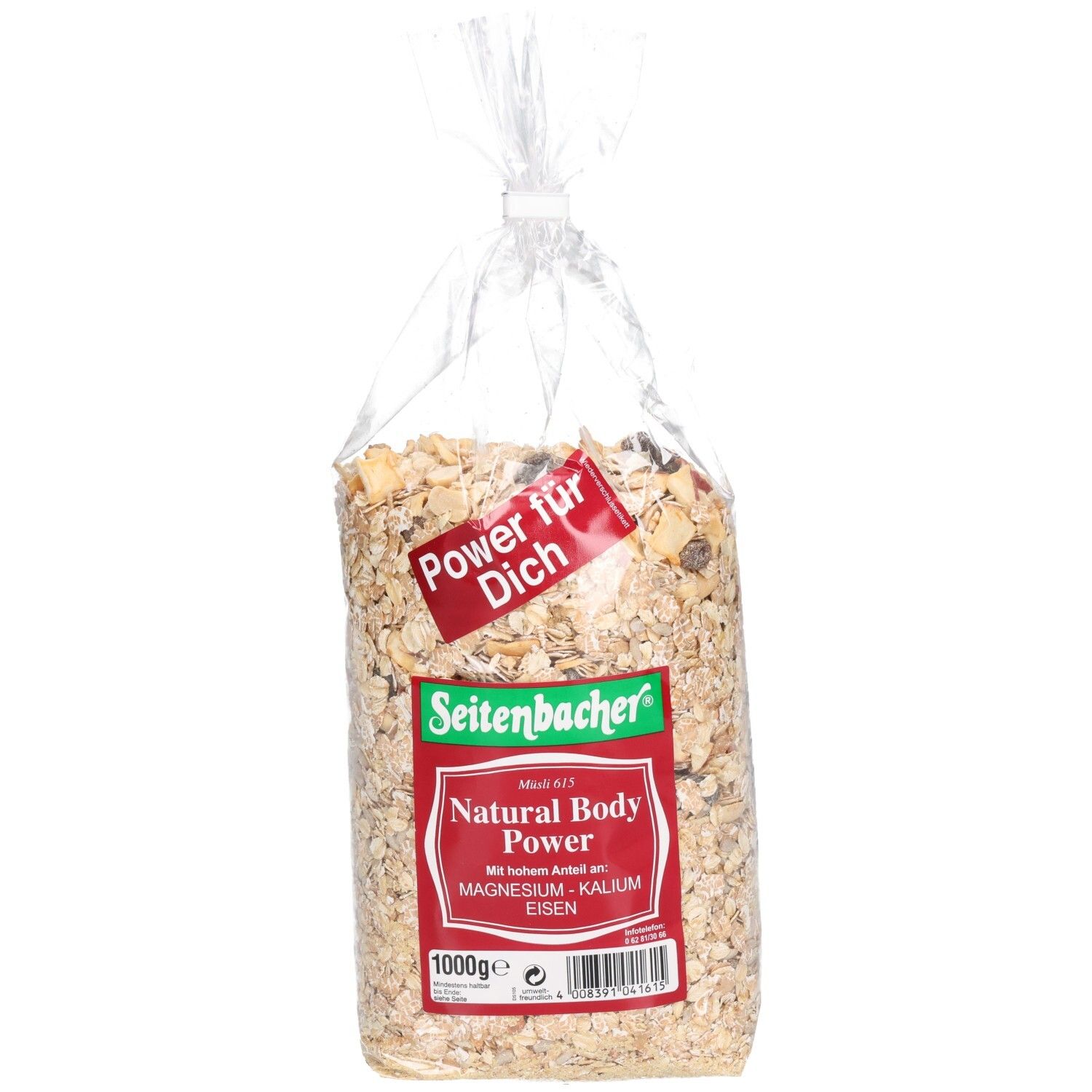 Transparente Tüte mit Müsli. Rotes Etikett mit "Power für Dich" und "Seitenbacher Natural Body Power".