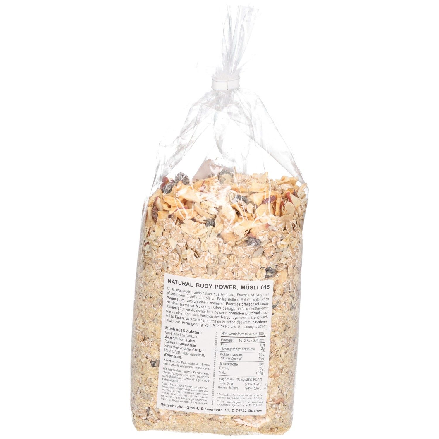 Rückseite der transparenten Tüte mit Müsli. Text mit Nährwertangaben und Produktinformationen.