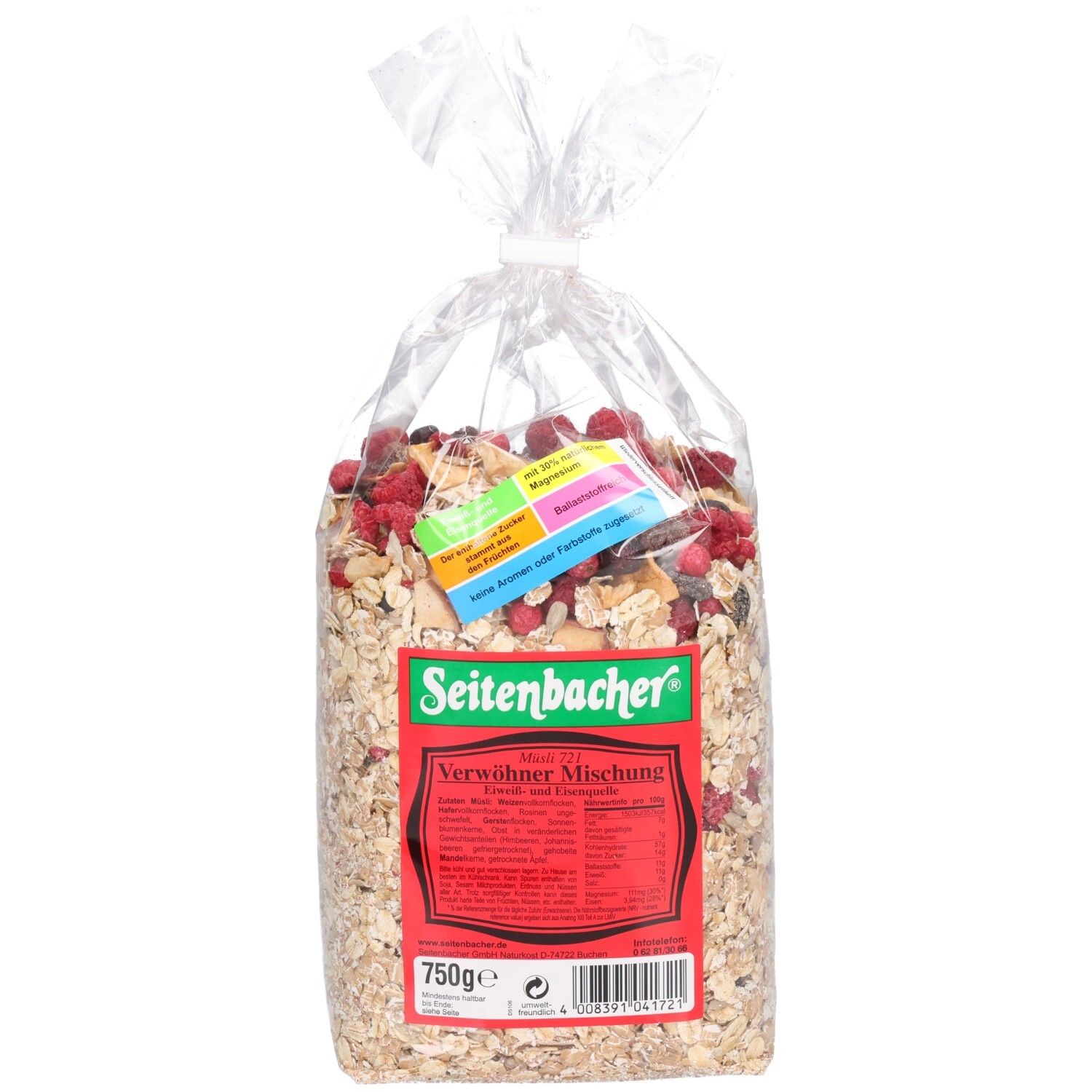 Sachet transparent de muesli. Fruits rouges visibles. Logo Seitenbacher et nom du produit "Verwöhner Mischung" sur étiquette rouge.