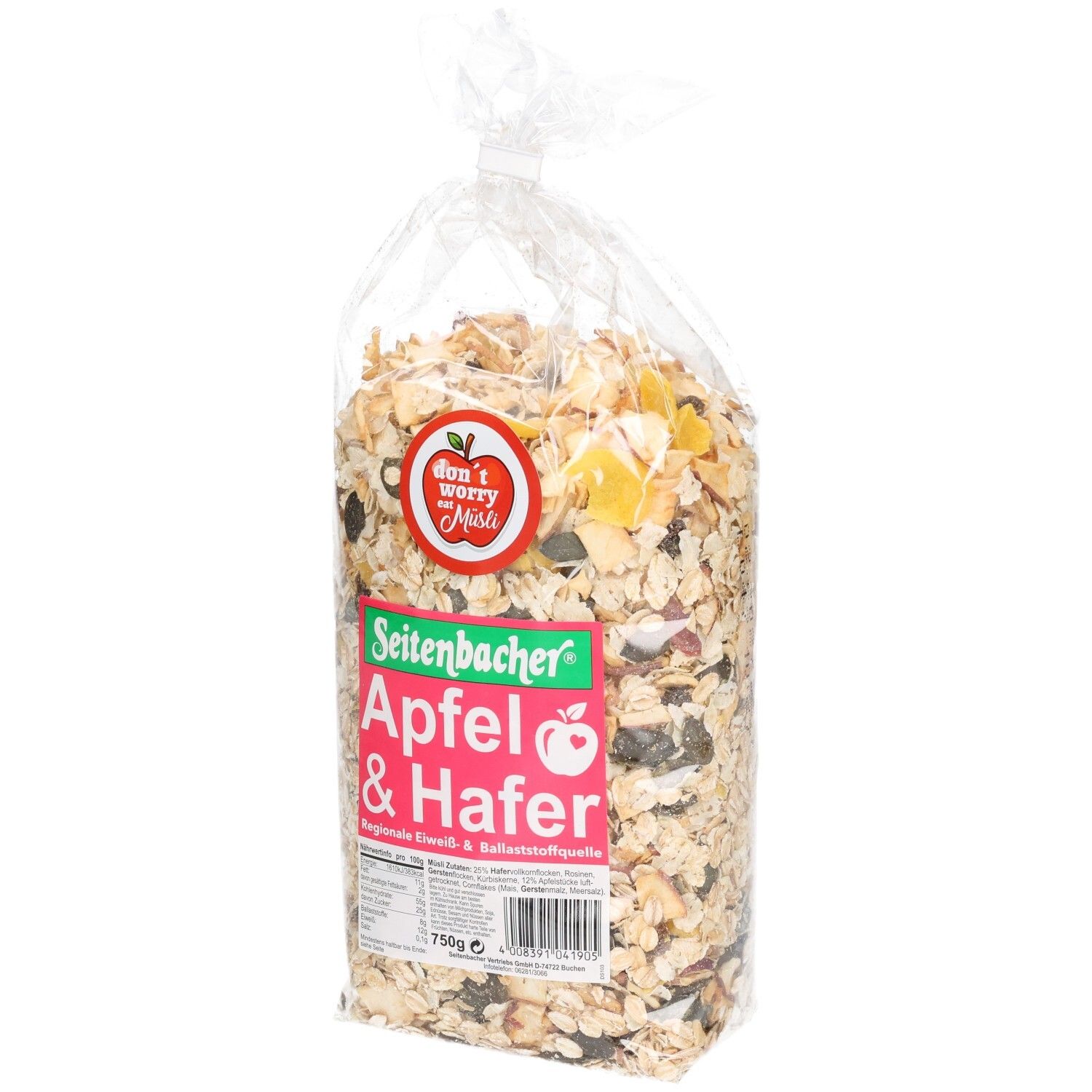 Klare Plastiktüte mit Müsli. Seitenbacher Apfel & Hafer Müsli. Rotes Logo mit Apfel. 750g Packung.