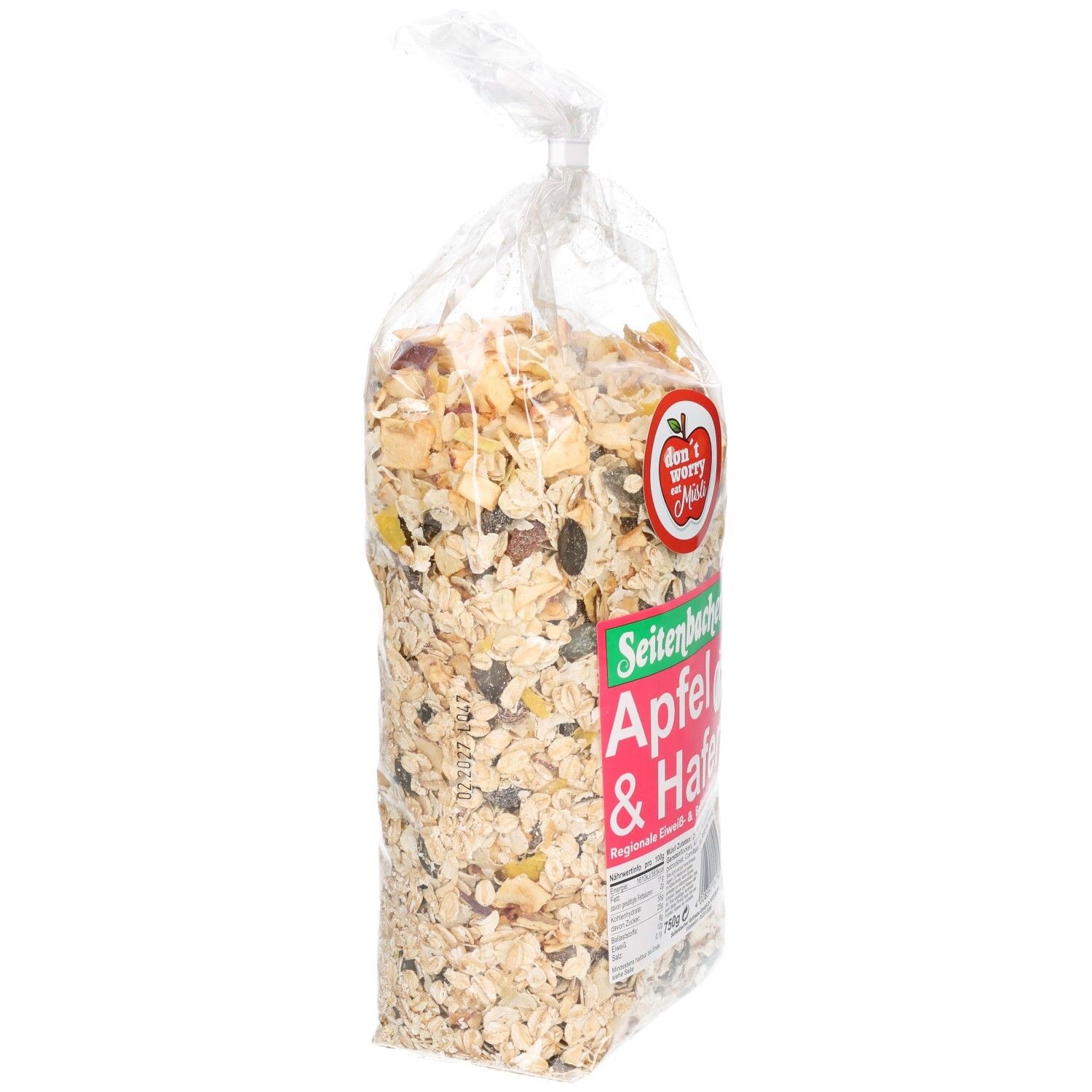 Klare Plastiktüte mit Müsli. Seitenbacher Apfel & Hafer Müsli. Rotes Logo mit Apfel. Seitenansicht.