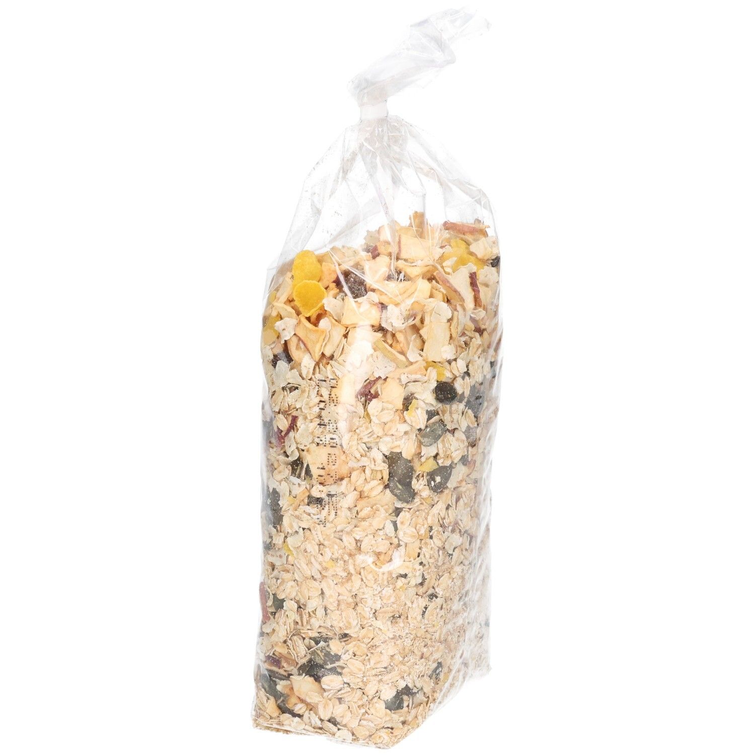 Klare Plastiktüte mit Müsli. Seitenansicht. Inhalt sichtbar. Keine Beschriftung.