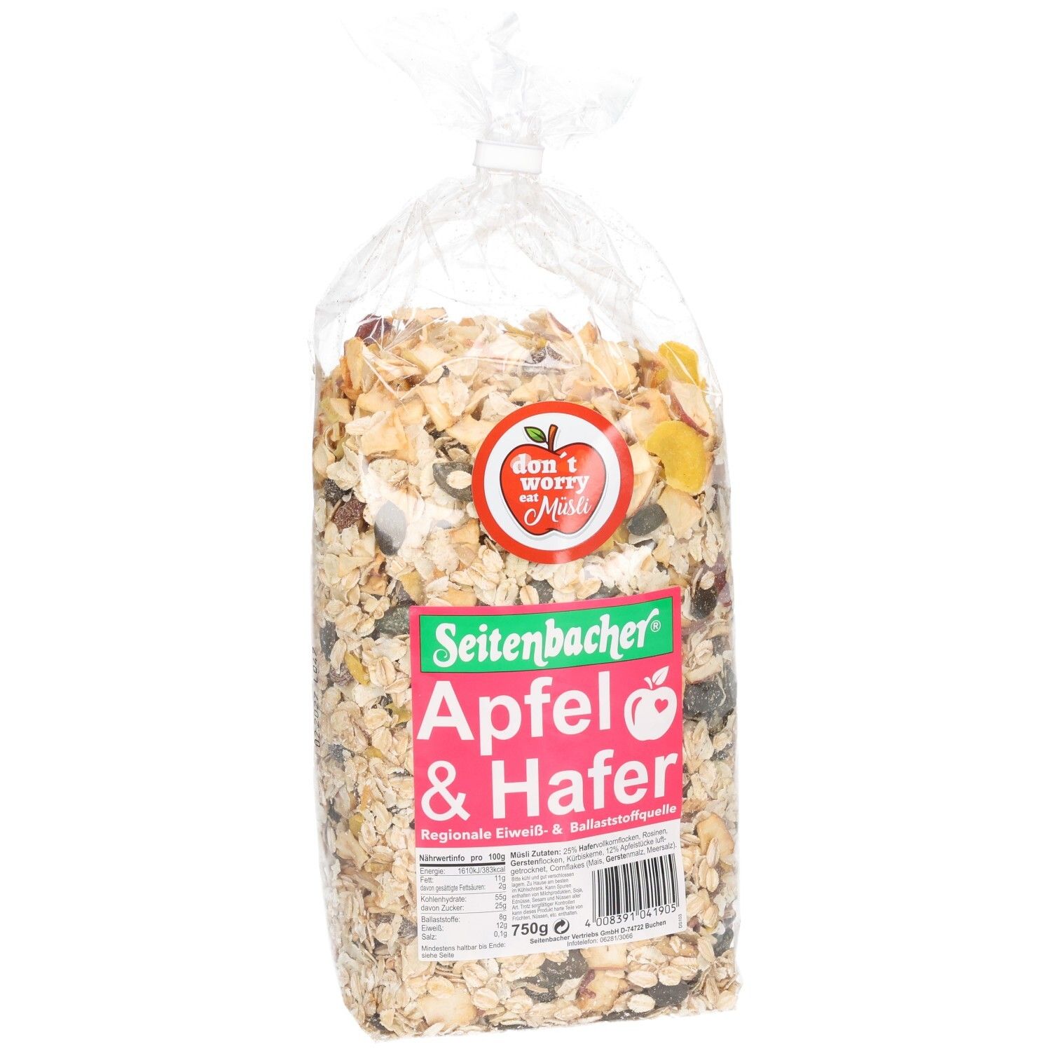 Klare Plastiktüte mit Müsli. Seitenbacher Apfel & Hafer Müsli. Rotes Logo mit Apfel. 750g Packung.
